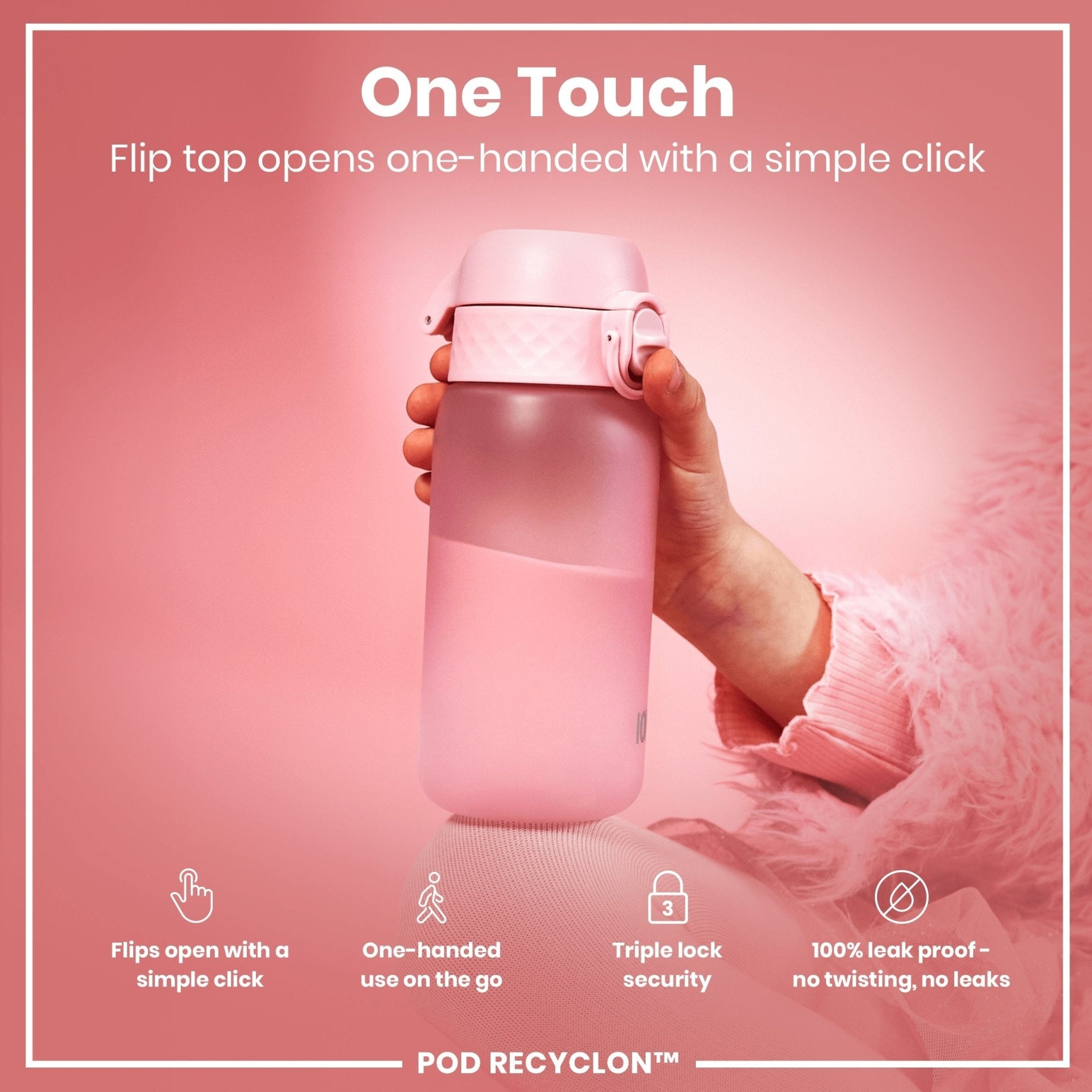 ION8 Recyclon leak-proof kids water bottle in rose quartz, 350ml, with a child-friendly design and secure lid.