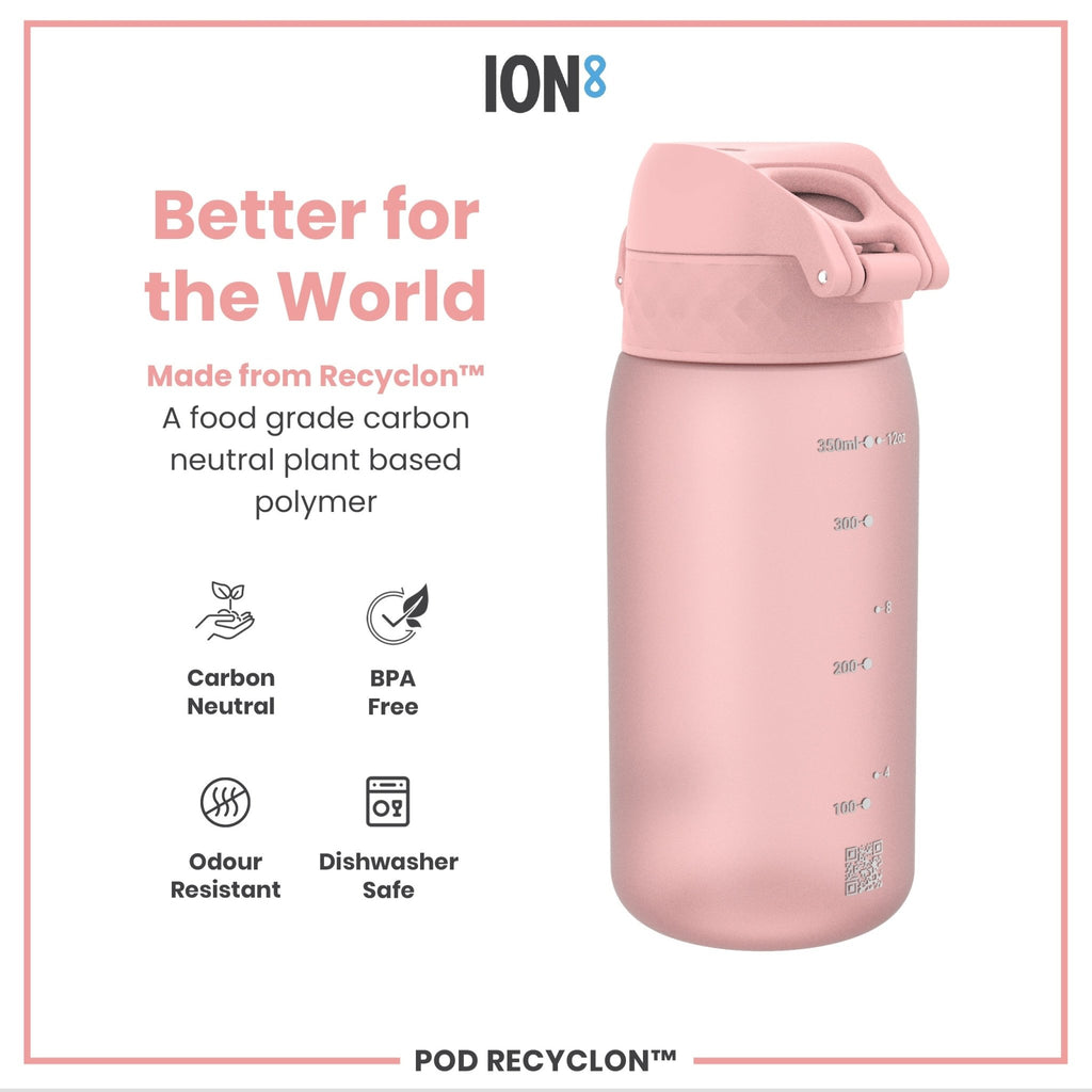 Ion8 leak-proof kids water bottle in rose quartz color, Recyclon brand, 350ml (12oz) with a child-friendly design.
