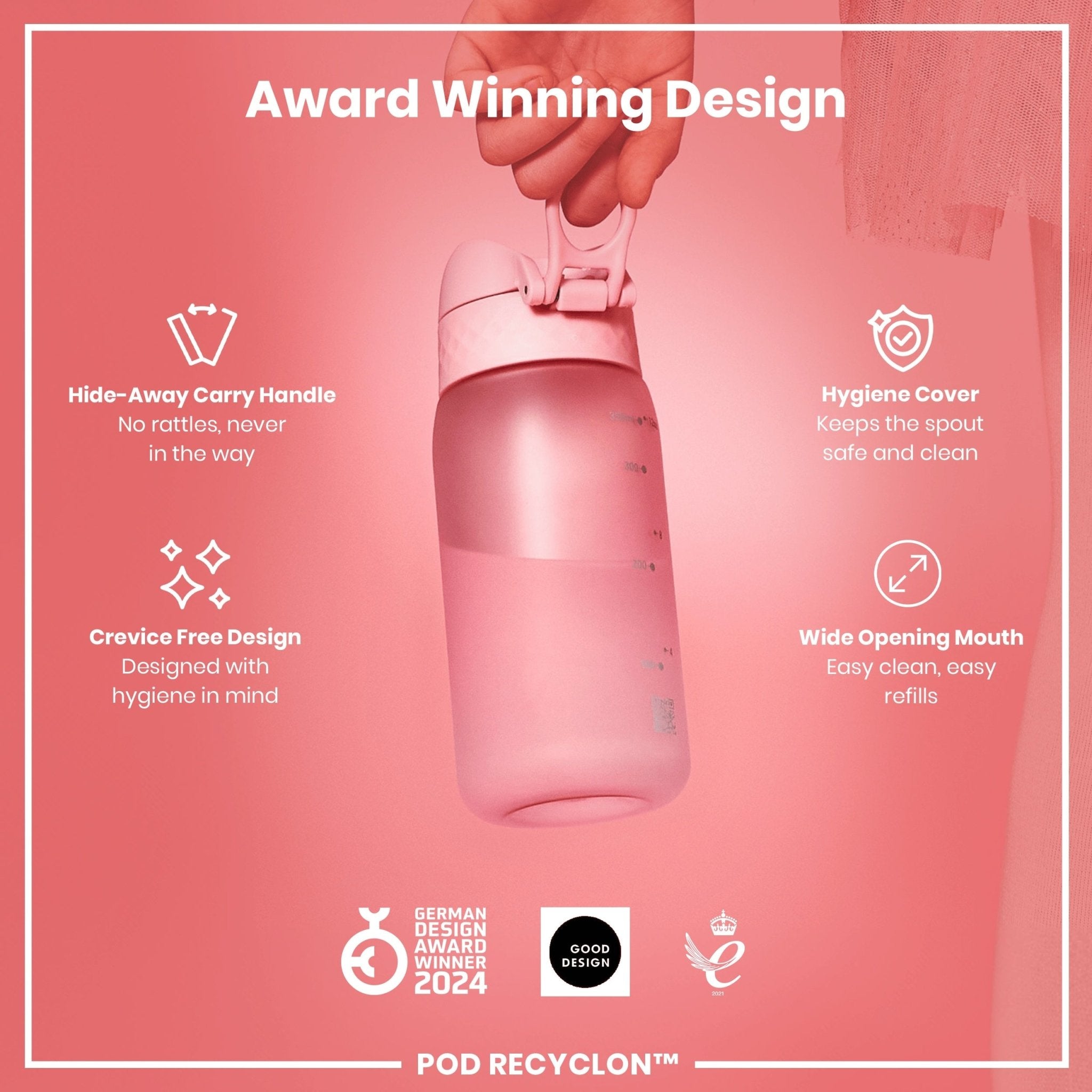 Recyclon leak-proof kids water bottle by ION8 in rose quartz, 350ml (12oz), with a colorful design and secure lid.