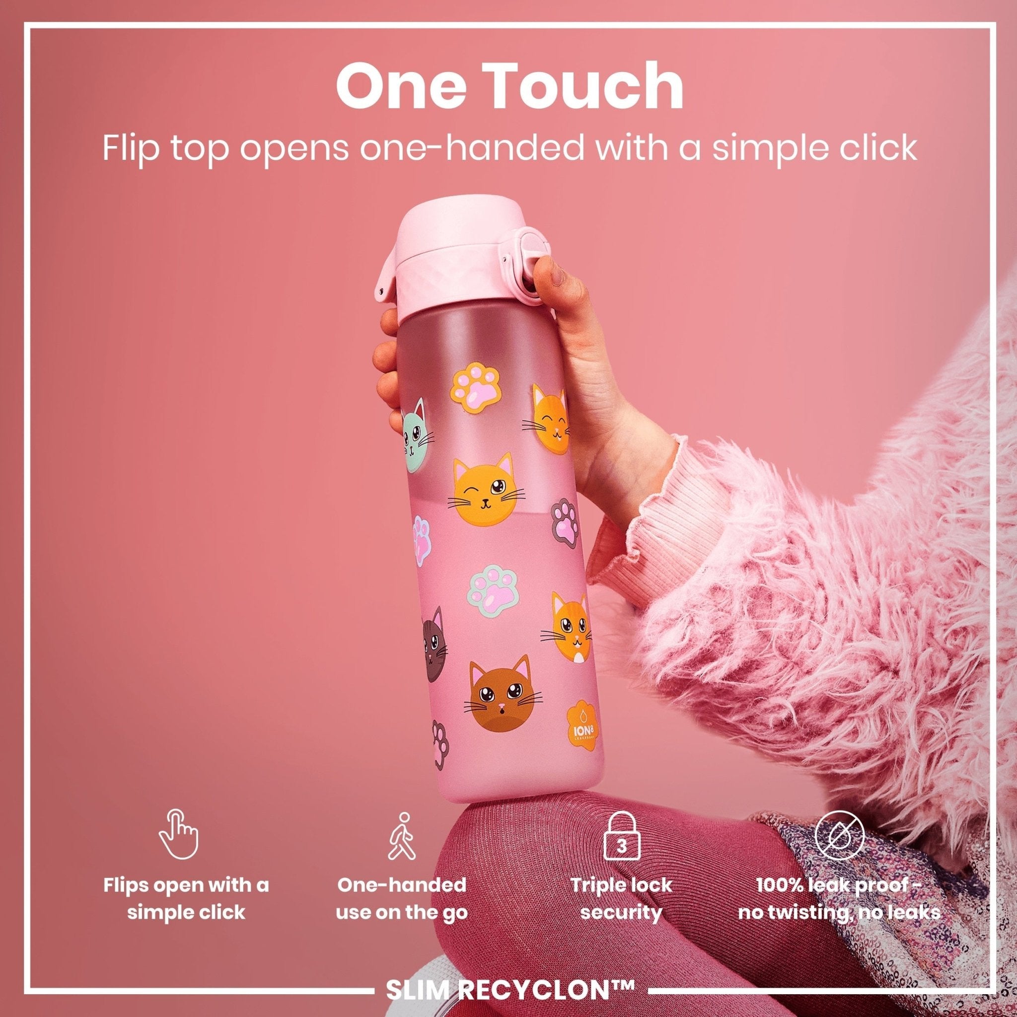 Recyclon Leak Proof Slim Water Bottle by ION8 with cats design, 500ml (18oz), made of recyclable materials, standing upright.