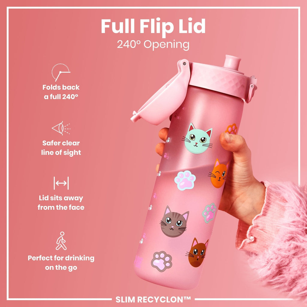 Recyclon leak-proof slim water bottle by ION8 with cat design, 500ml (18oz) capacity, made for on-the-go hydration.