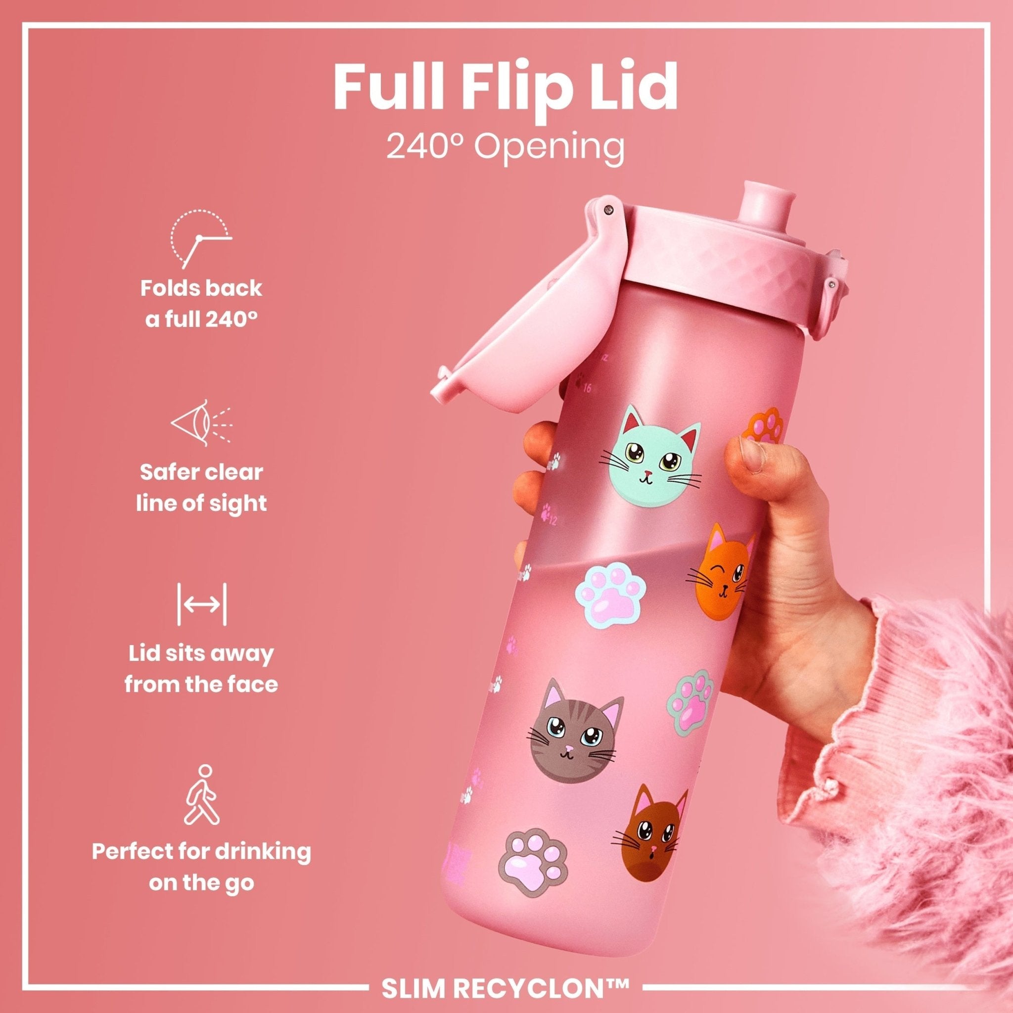 Recyclon leak-proof slim water bottle by ION8 with cat design, 500ml (18oz) capacity, made for on-the-go hydration.