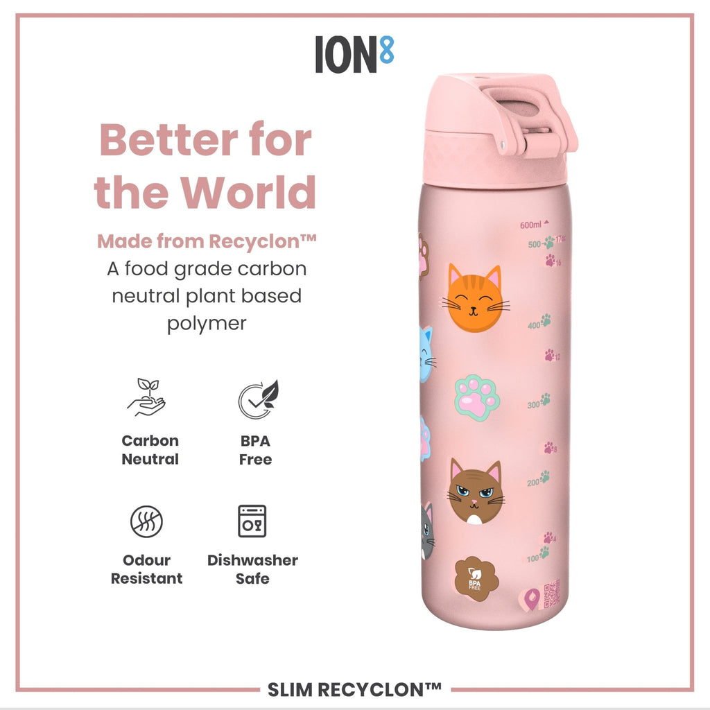 Ion8 Leak Proof Slim Water Bottle with Cat design, 500ml recyclable Recyclon water bottle, durable and portable.