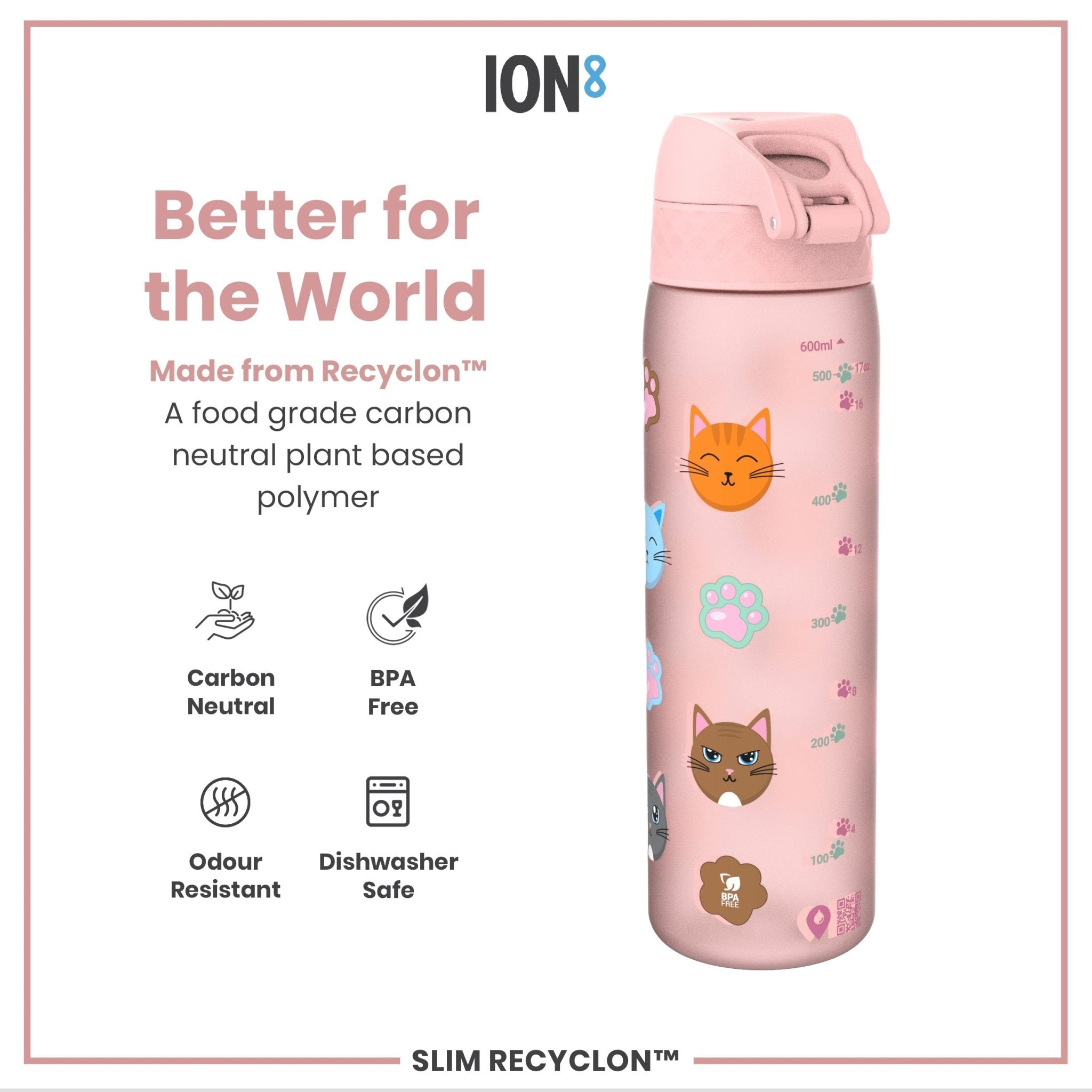 Ion8 Leak Proof Slim Water Bottle with Cat design, 500ml recyclable Recyclon water bottle, durable and portable.
