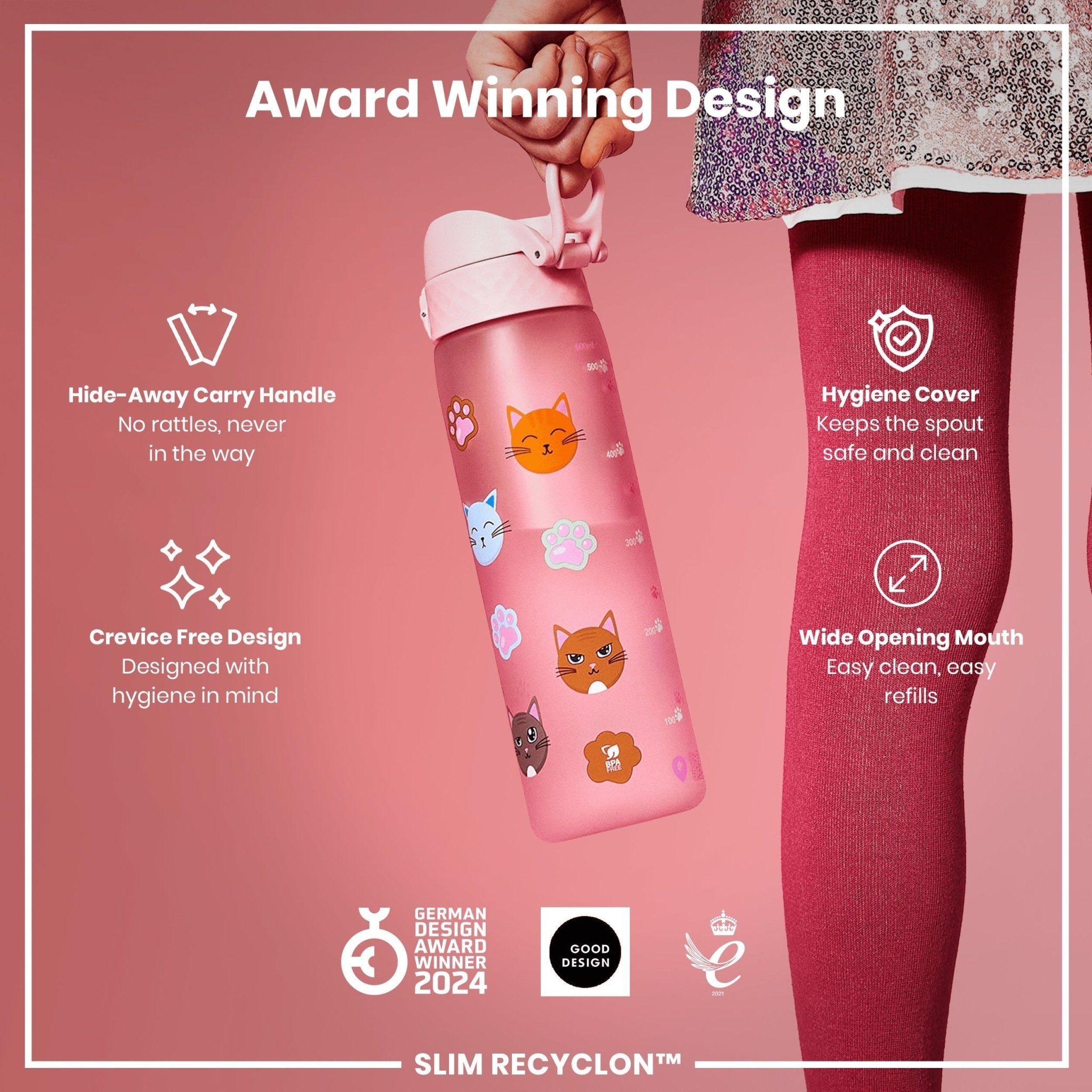 ION8 Recyclon leak-proof slim water bottle featuring colorful cat designs, 500ml capacity, made from recyclable materials.