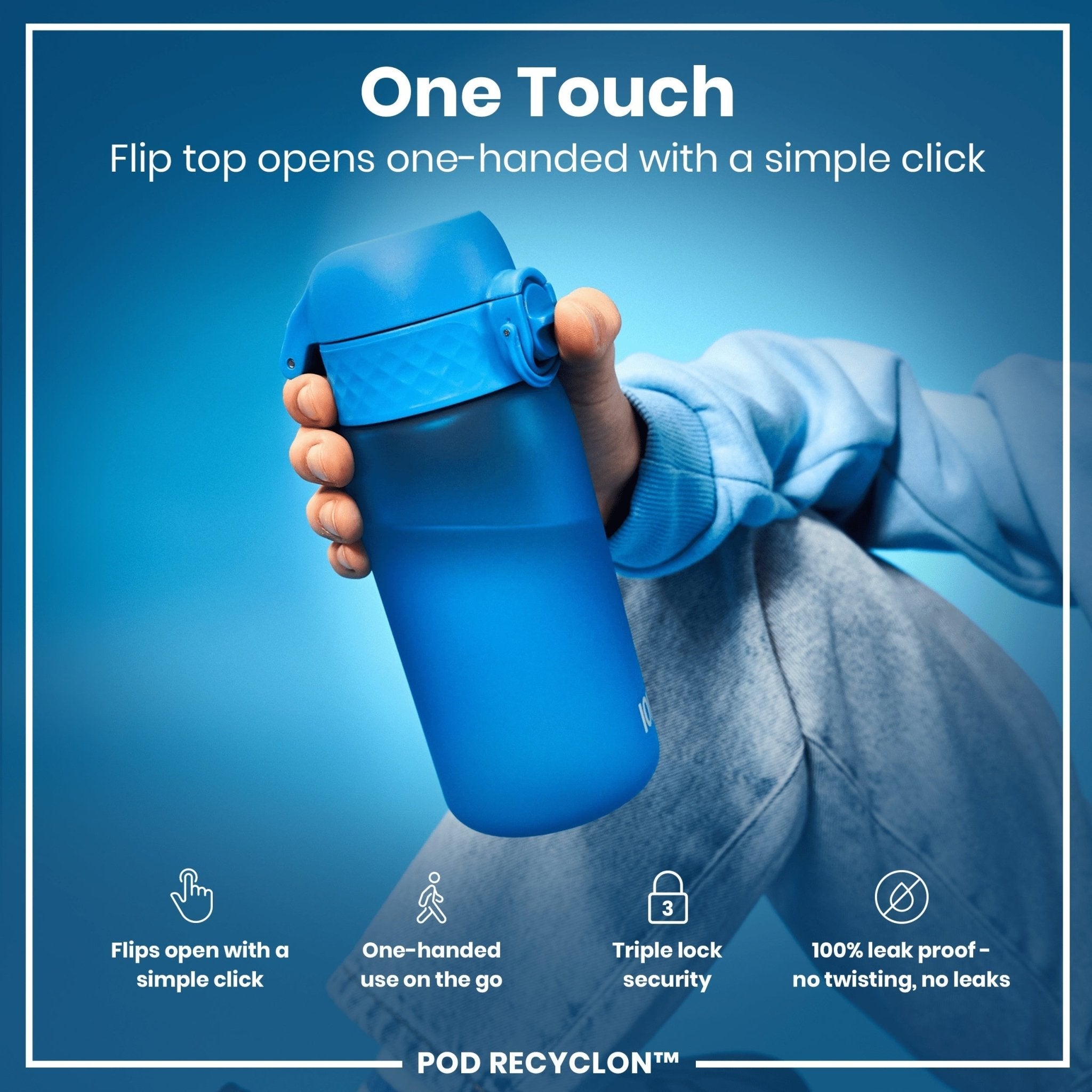 Blue Recyclon leak-proof kids water bottle by ION8, 350ml (12oz) with secure lid and recyclable design, ideal for school and outdoor use.