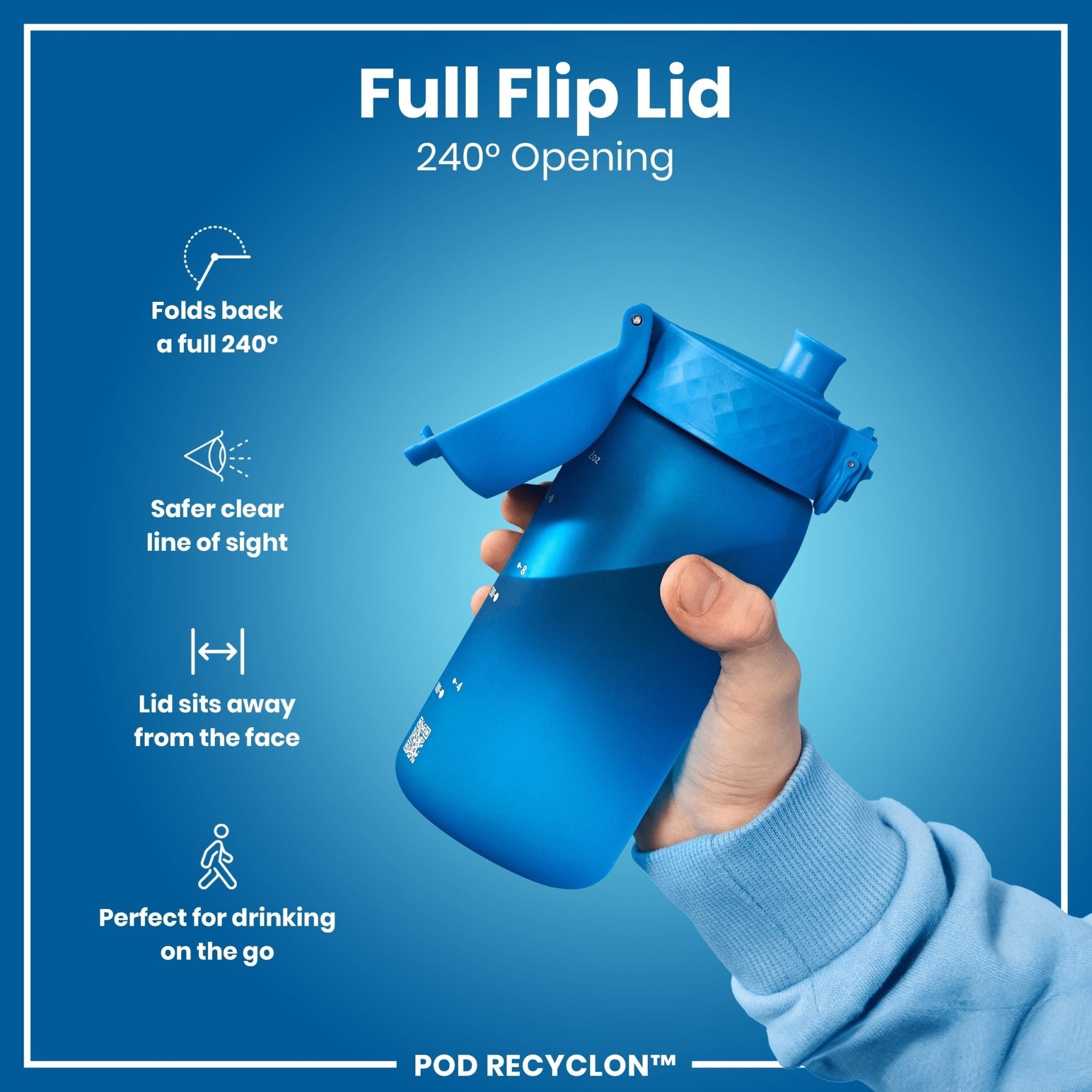 Recyclon leak-proof kids water bottle by ION8, blue 350ml (12oz) with secure lid and ergonomic design for children