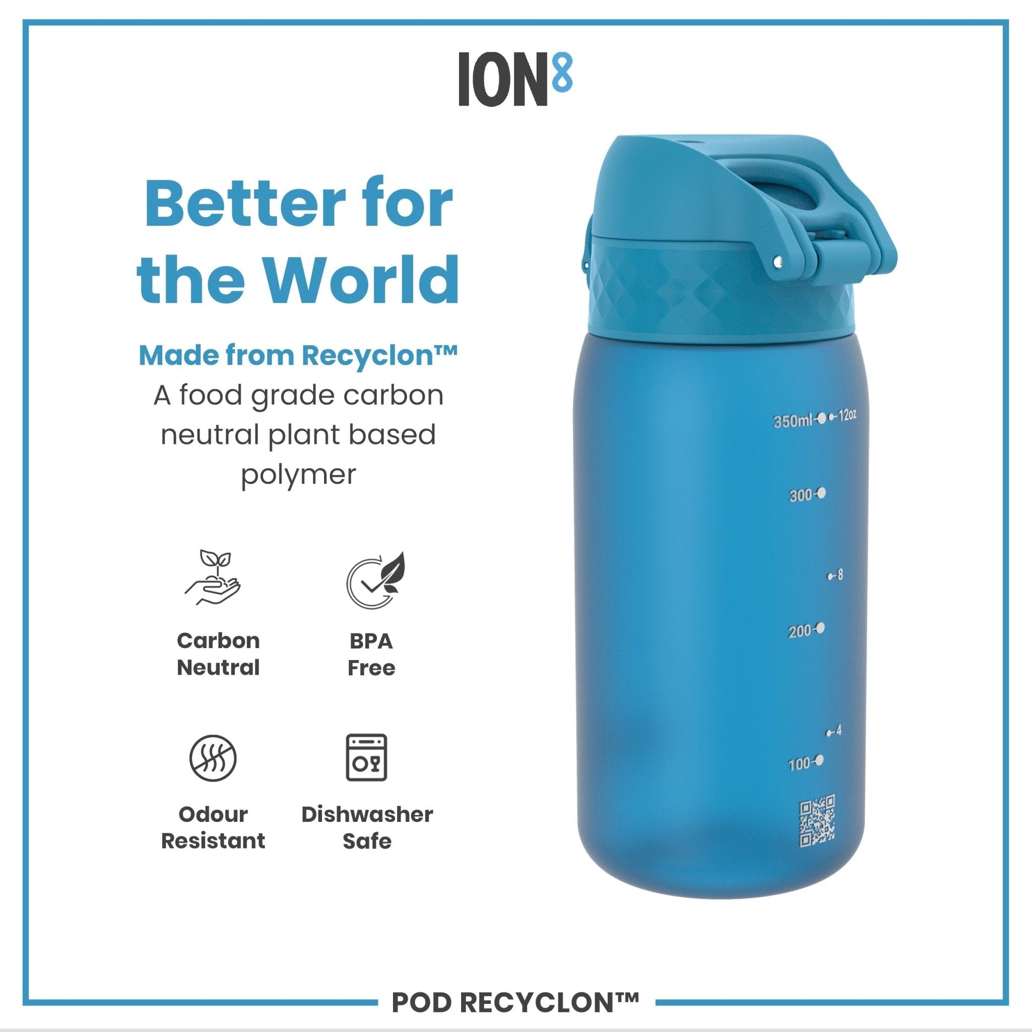 Blue ION8 Recyclon leak-proof kids water bottle, 350ml (12oz), made of recyclable materials, with a secure lid and colorful design.