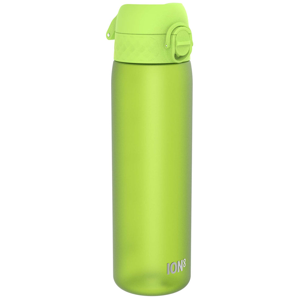 Ion8 Recyclon leak-proof slim water bottle in green, 500ml (18oz), featuring a sleek design with a secure lid and compact shape.