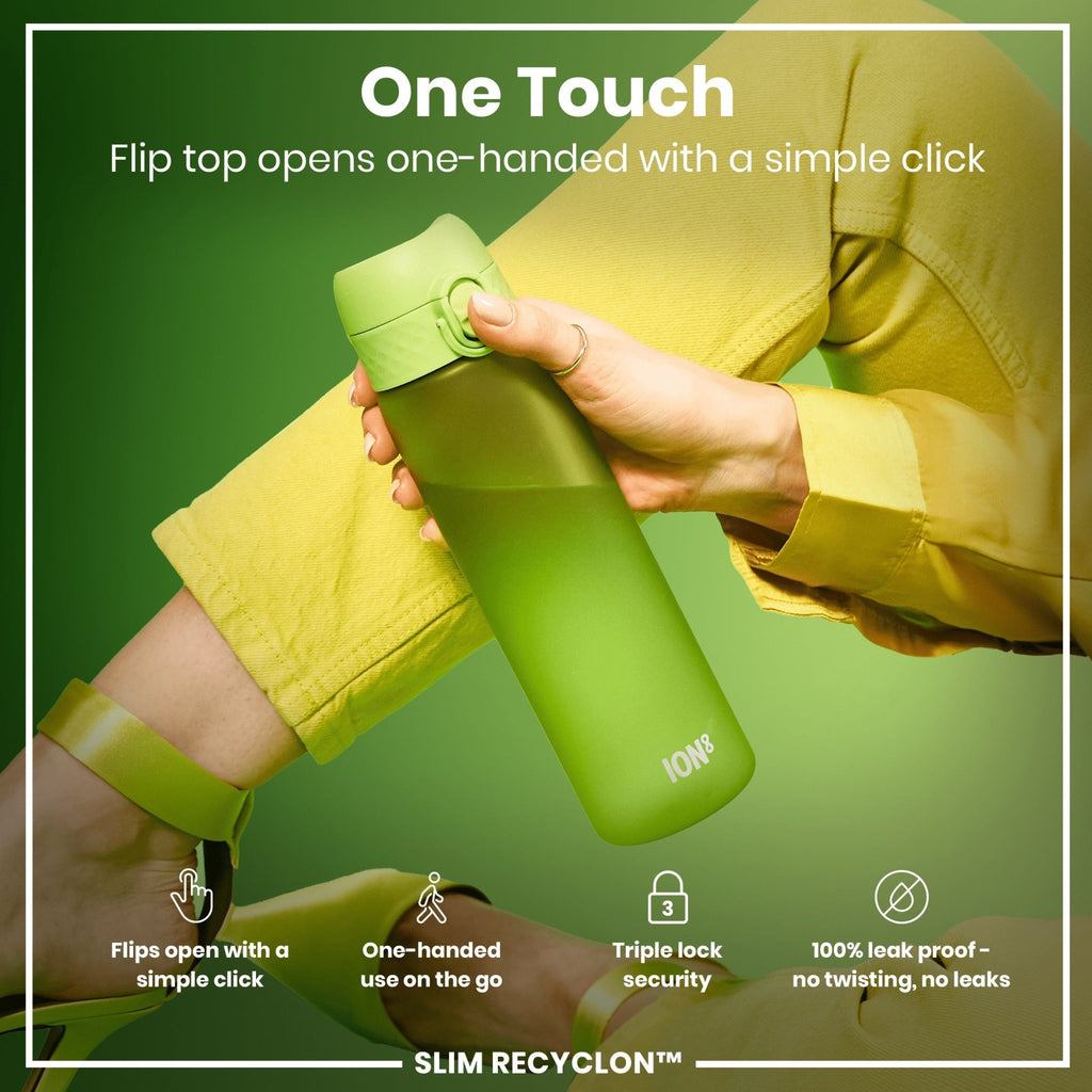 Green Recyclon ION8 leak-proof slim water bottle with 500ml capacity, shown in the image.