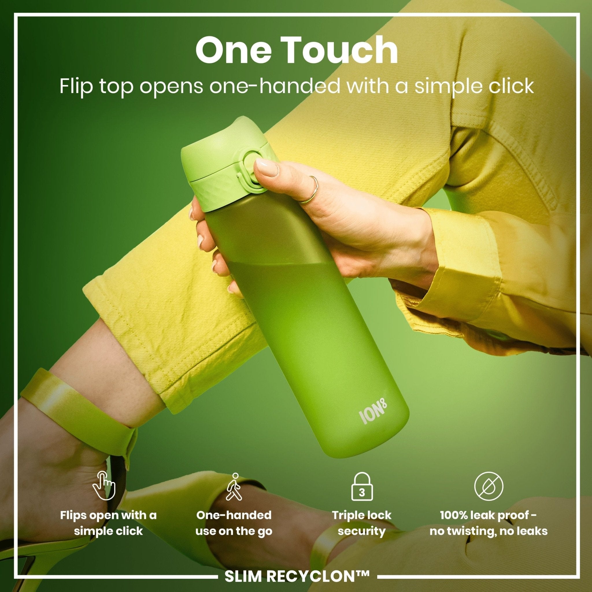 Green Recyclon ION8 leak-proof slim water bottle with 500ml capacity, shown in the image.