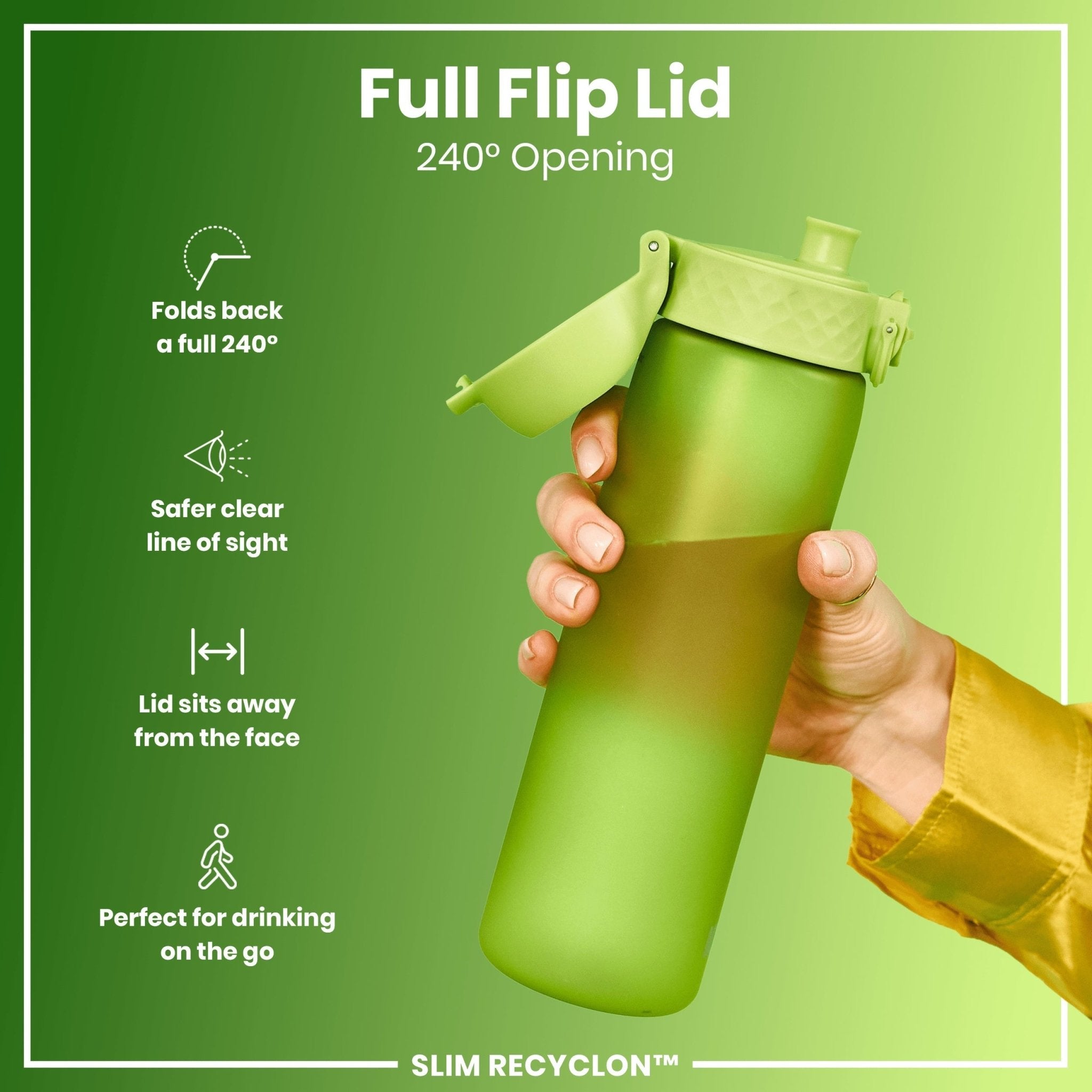 Green 500ml ION8 Recyclon leak-proof slim water bottle, recyclable design, shown with the bottle upright and cap closed.