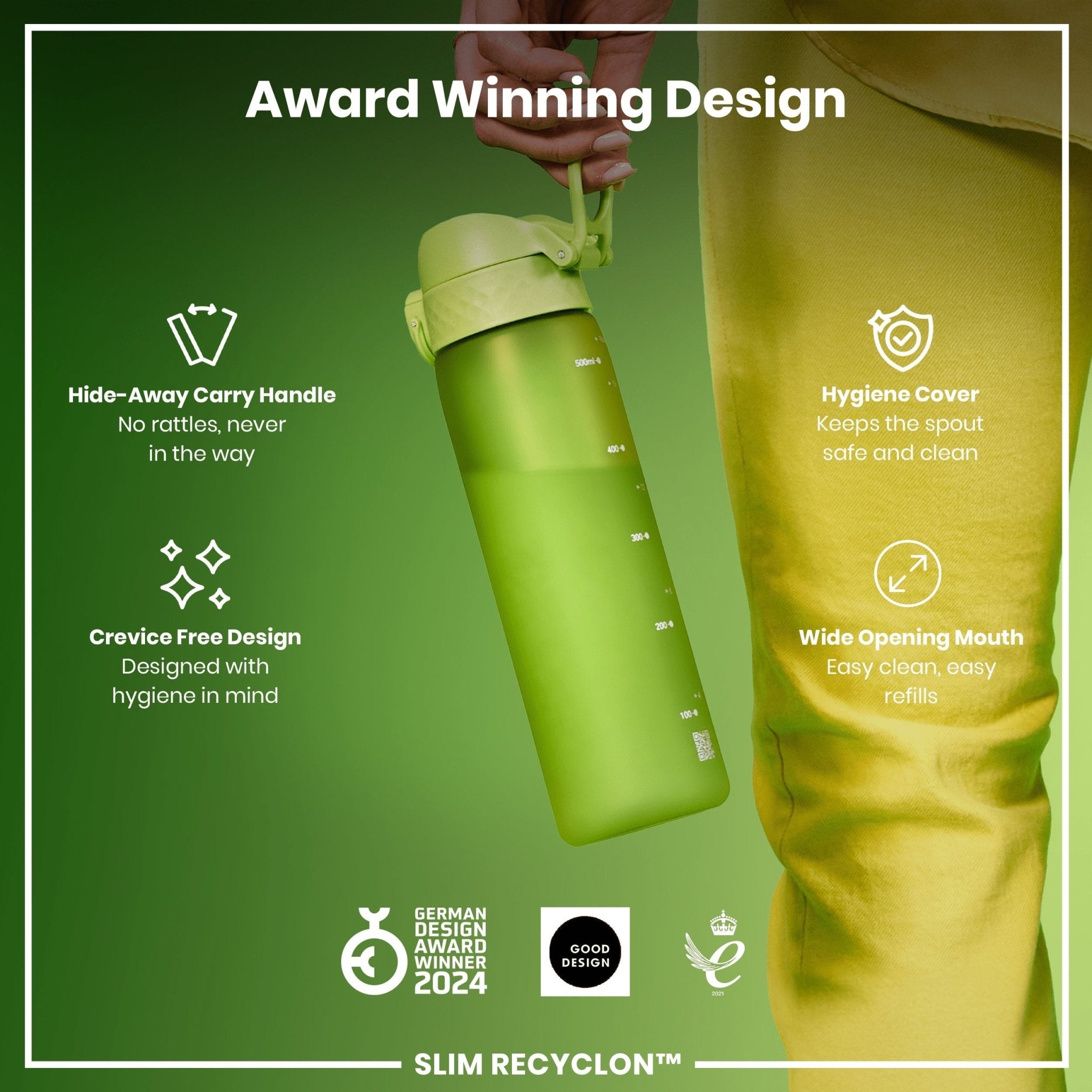 ION8 Recyclon Leak Proof Slim Green Water Bottle, 500ml (18oz), durable and eco-friendly with secure lid and sleek design.