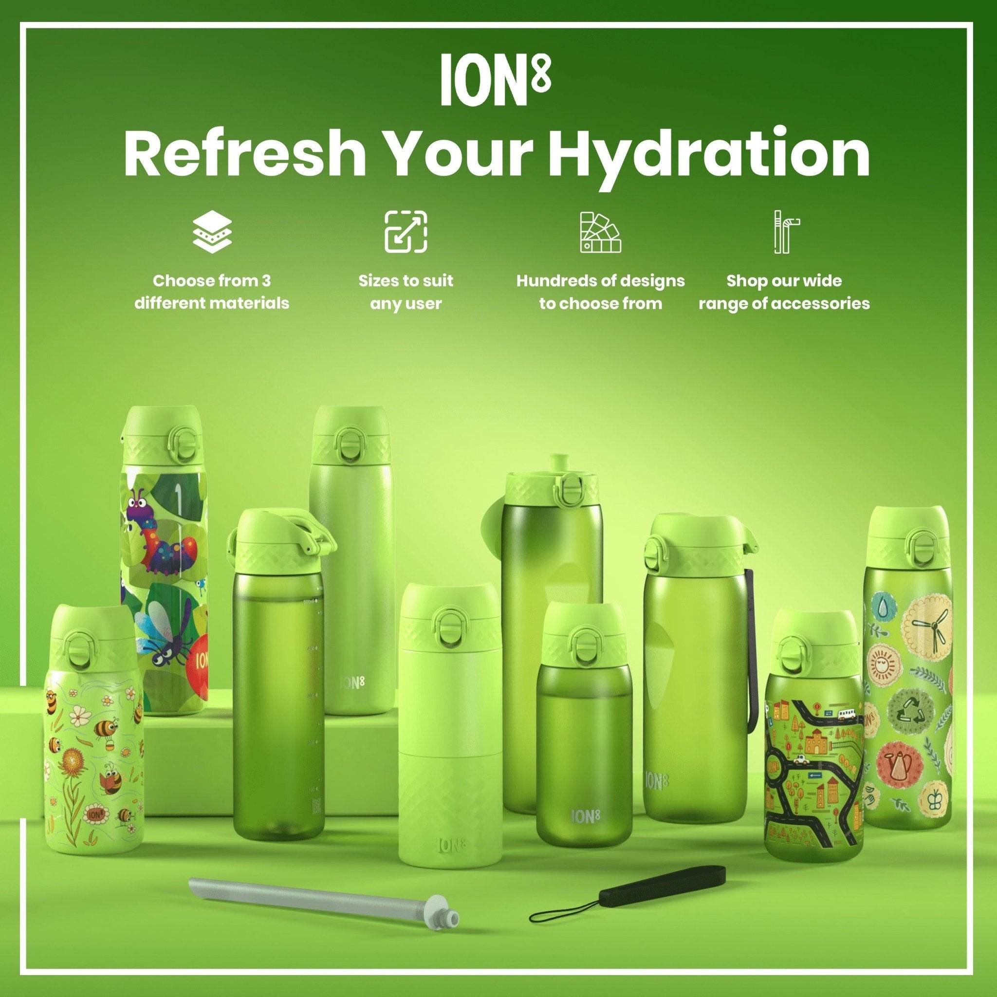 Green ION8 Recyclon leak-proof slim water bottle, 500ml (18oz), with secure cap and sleek design for on-the-go hydration.
