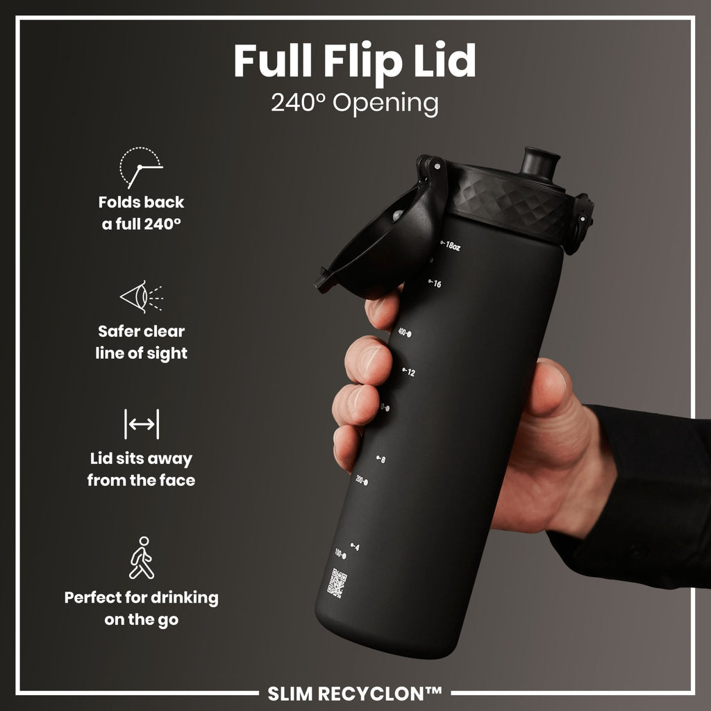 Black 500ml ION8 Recyclon leak-proof slim water bottle, reusable with secure lid, designed for on-the-go hydration.