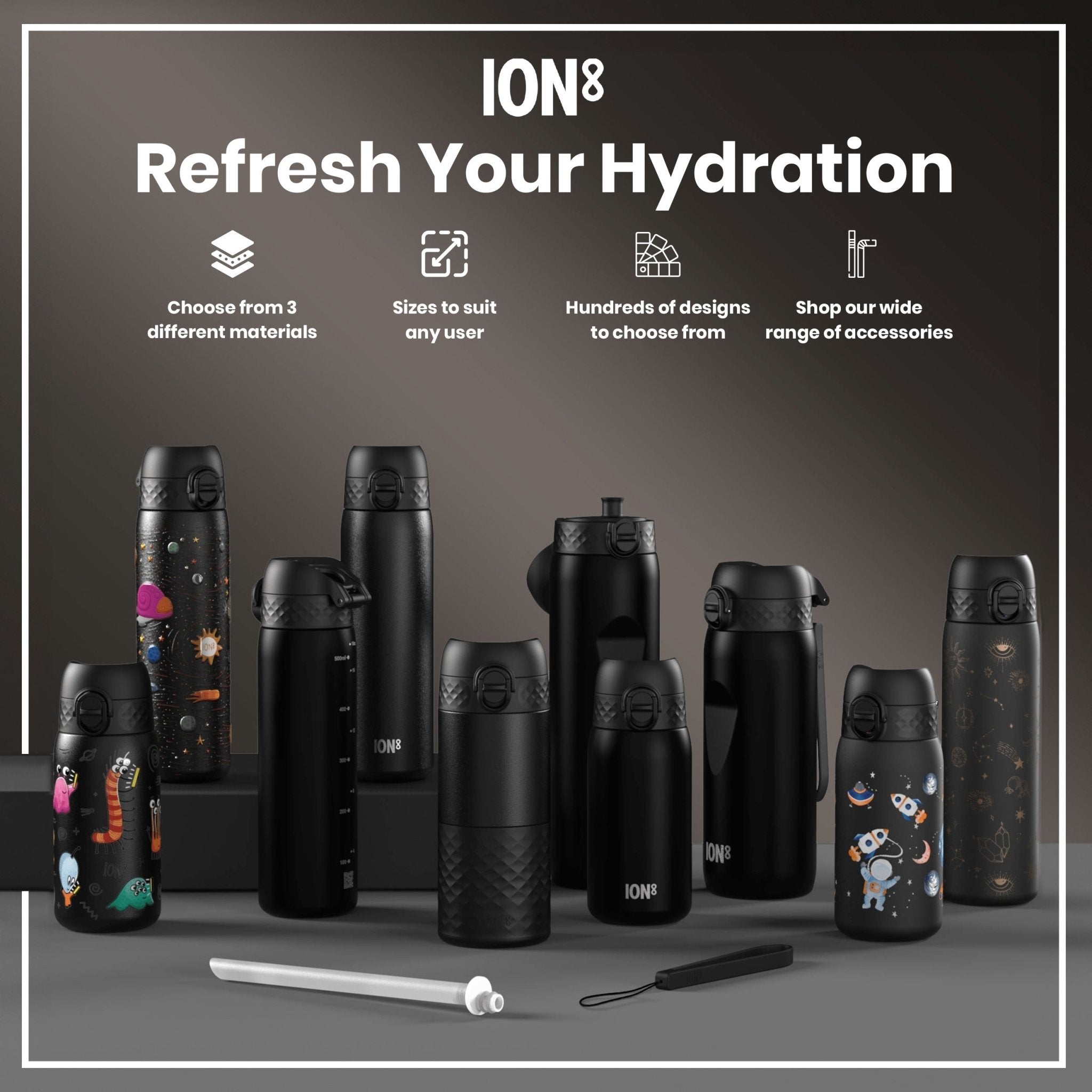Black Recyclon ION8 leak-proof slim water bottle, 500ml (18oz), designed for easy carrying and hydration on the go.