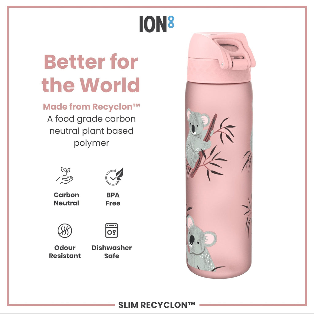 Ion8 Leak Proof Slim Water Bottle with Koala design, 500ml Recyclon reusable water bottle, lightweight and eco-friendly.