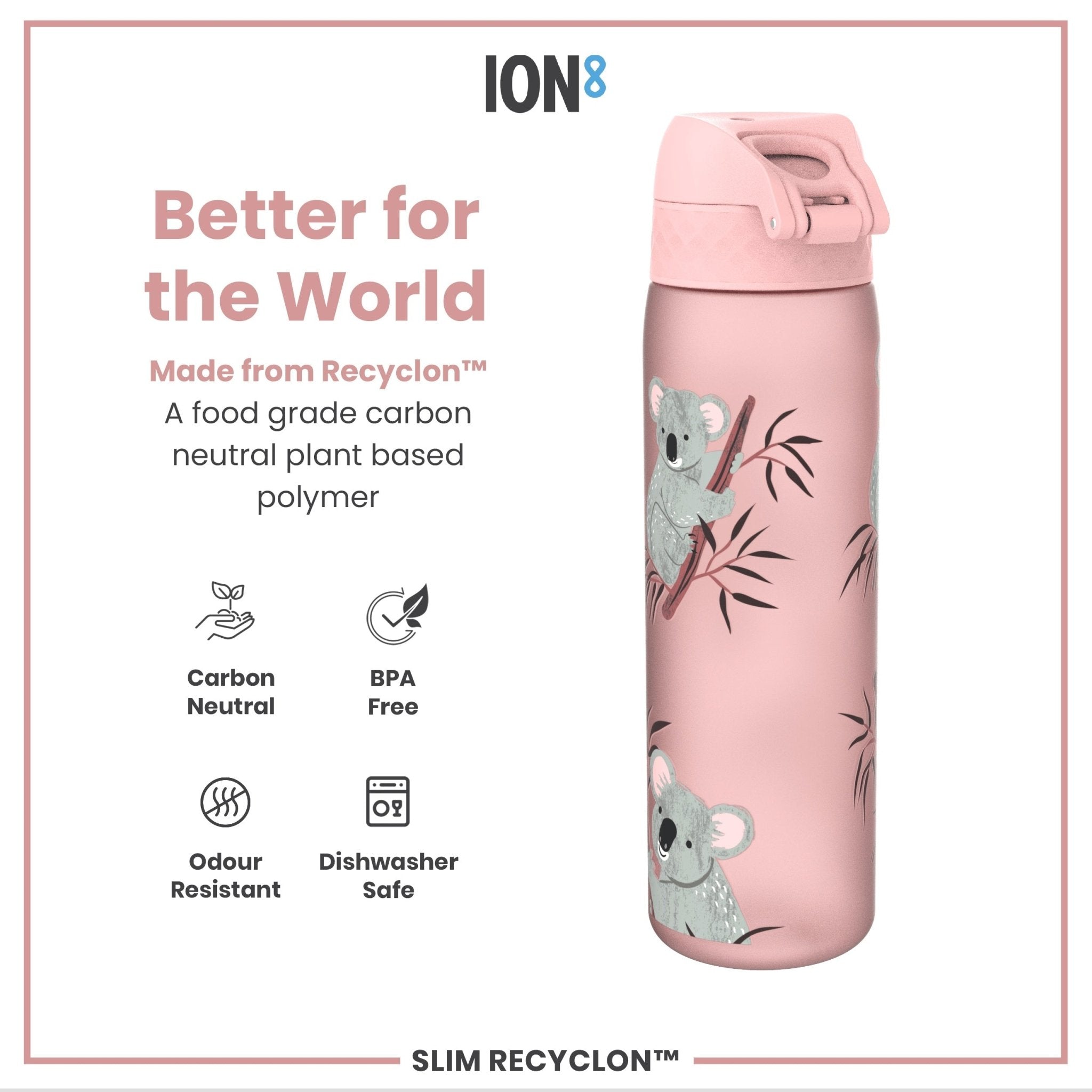 Ion8 Leak Proof Slim Water Bottle with Koala design, 500ml Recyclon reusable water bottle, lightweight and eco-friendly.