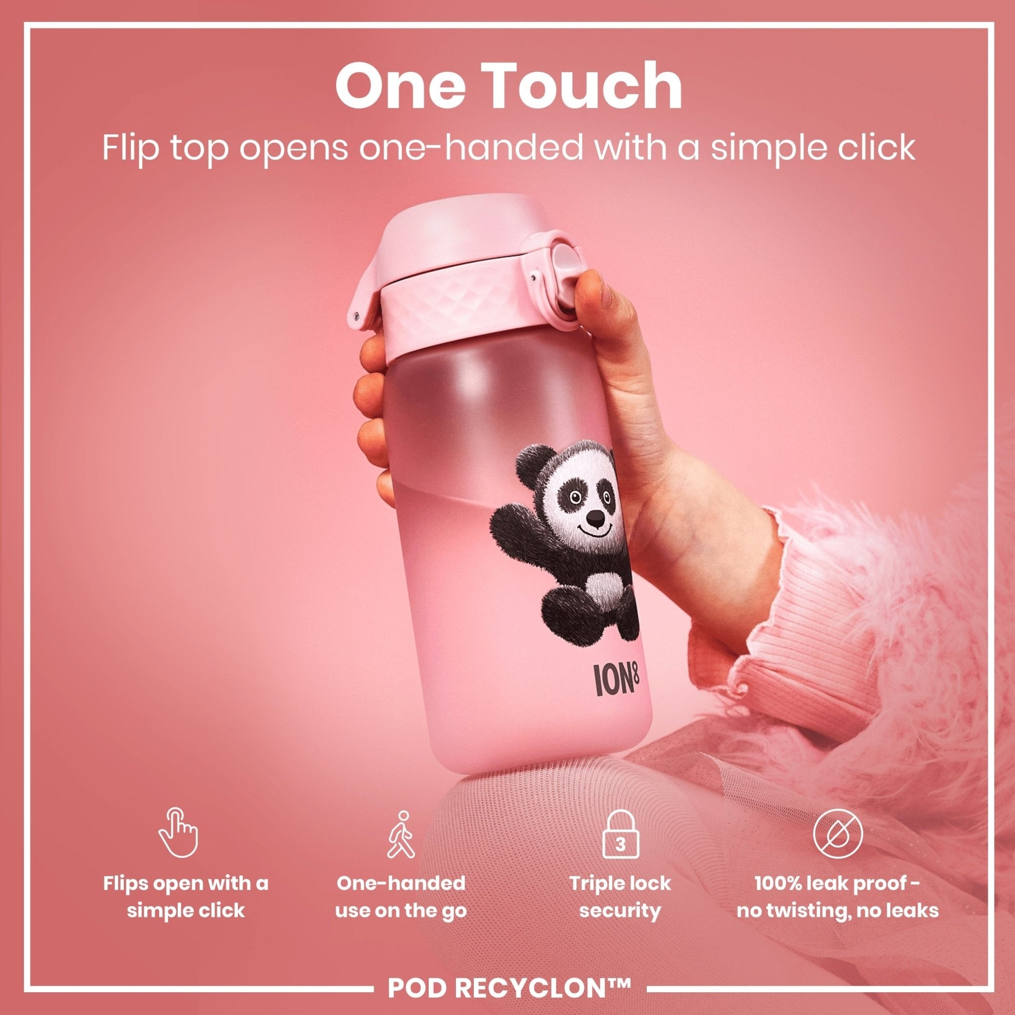 Recyclon Leak Proof Kids Water Bottle by ION8 featuring a cute panda design, 350ml capacity, made for children.