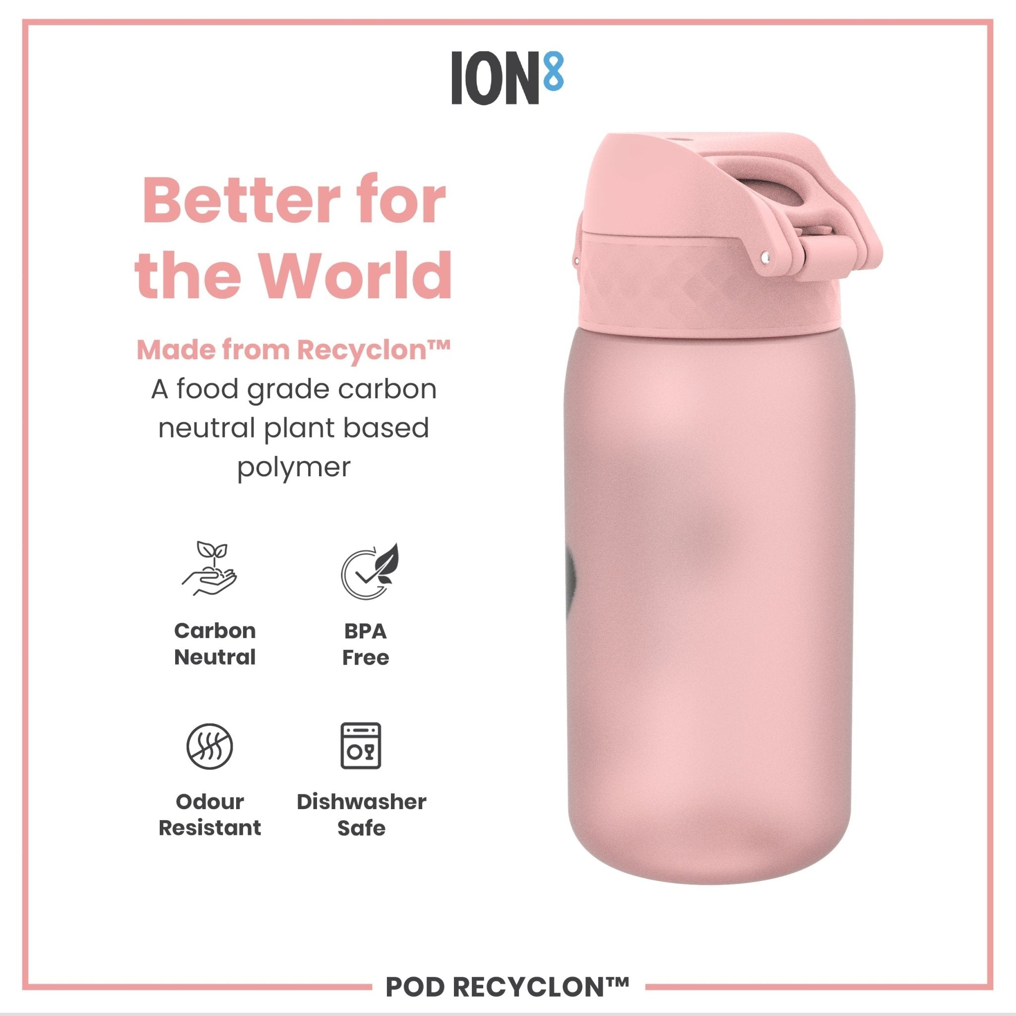 Reusable Recyclon water bottle for kids with panda design, 350ml capacity, leak-proof, by ION8