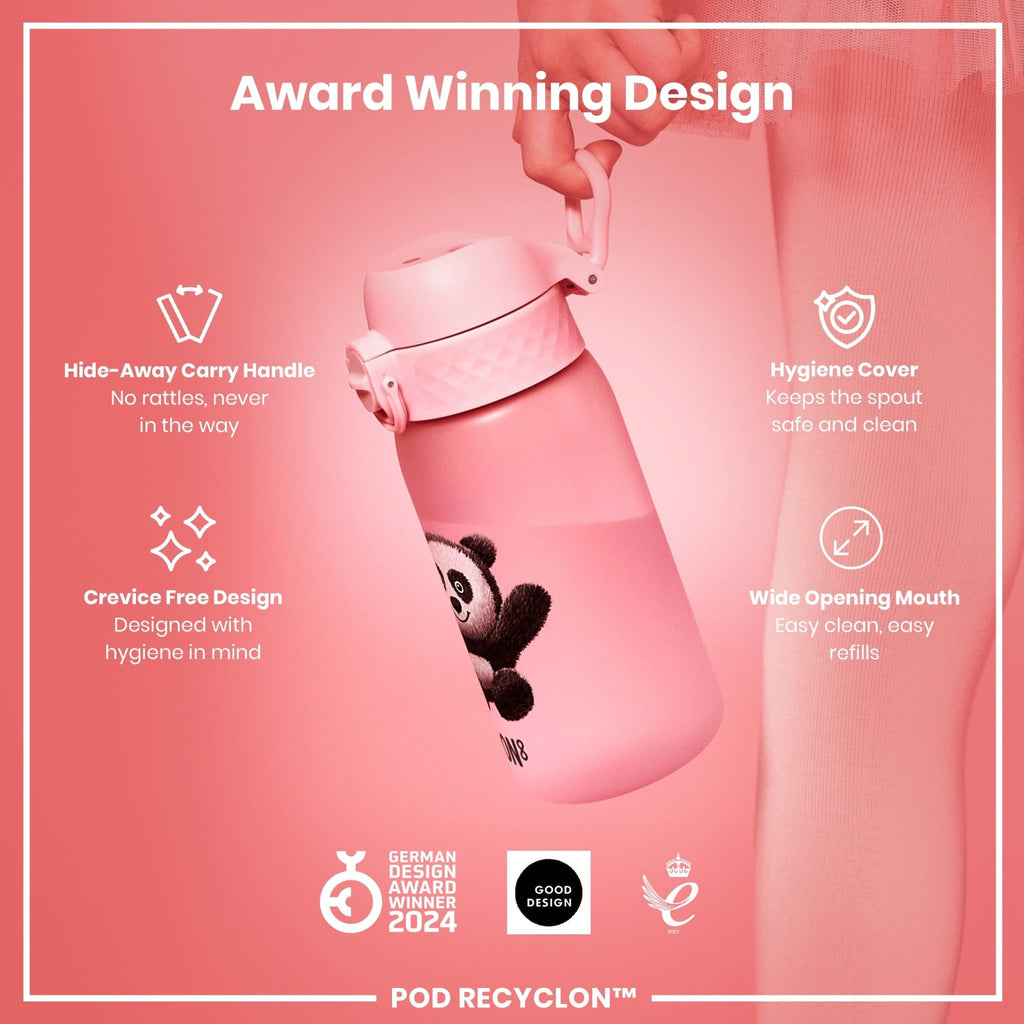 Ion8 Leak Proof Kids Water Bottle with panda design, 350ml Recyclon water bottle for children, reusable and eco-friendly.
