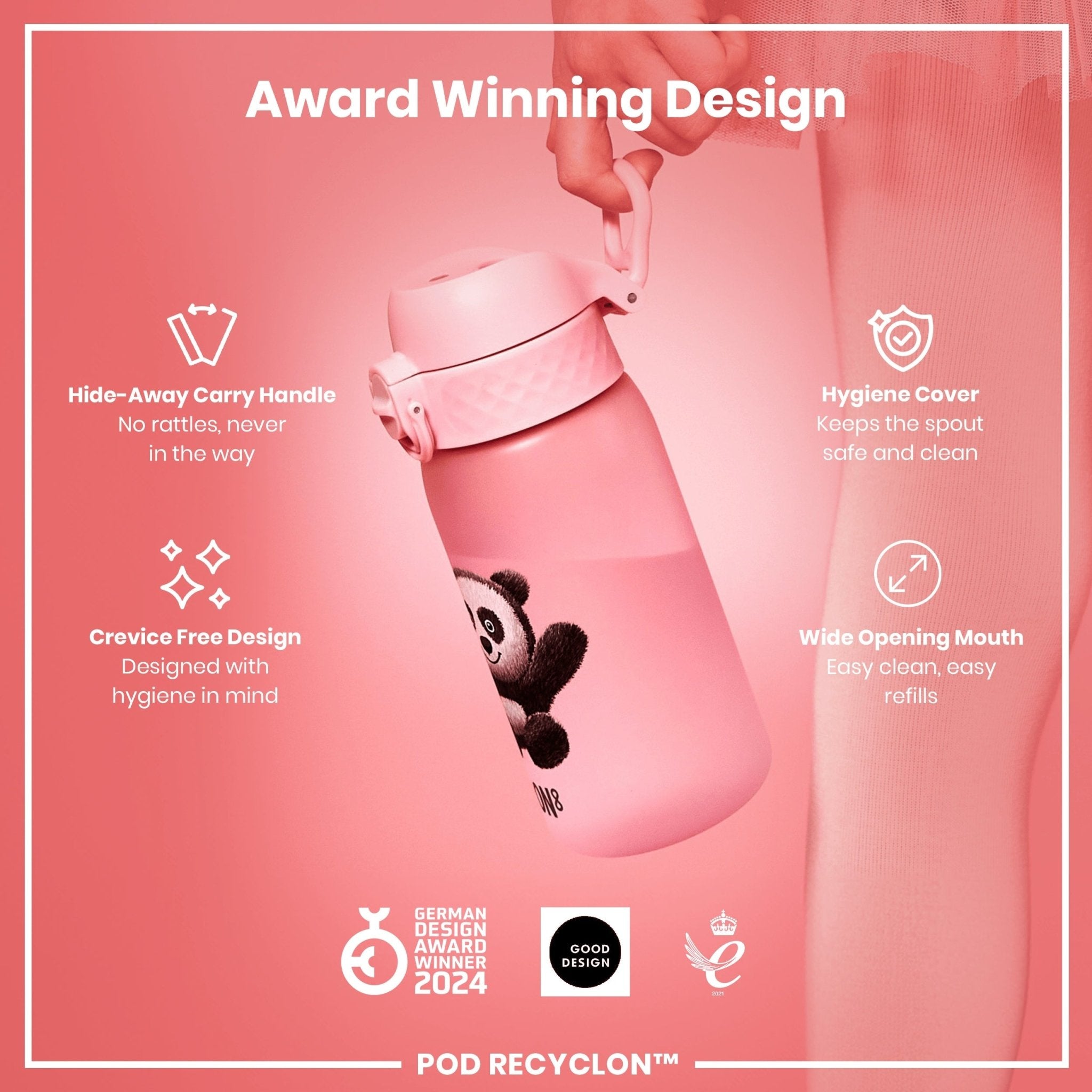 Ion8 Leak Proof Kids Water Bottle with panda design, 350ml Recyclon water bottle for children, reusable and eco-friendly.