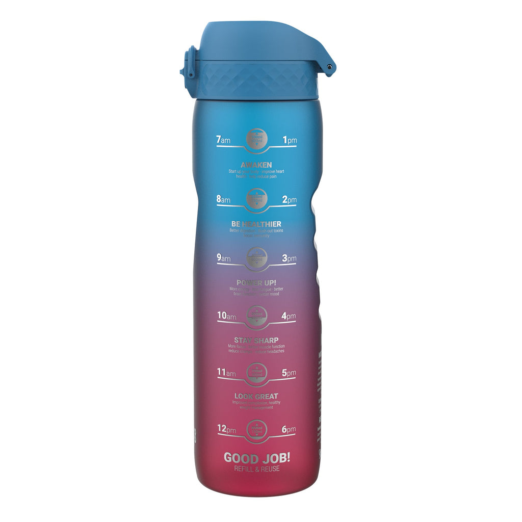 ION8 Recyclon 1L water bottle with time markers, leak-proof design, in blue and pink, made for easy hydration on the go.