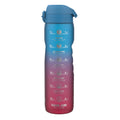 ION8 Recyclon 1L water bottle with time markers, leak-proof design, in blue and pink, made for easy hydration on the go.