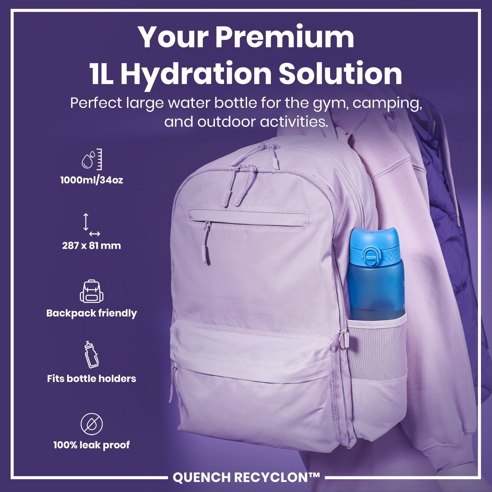 ION8 Recyclon 1L leak-proof water bottle with time markers, blue and pink, lightweight and reusable for hydration on the go.