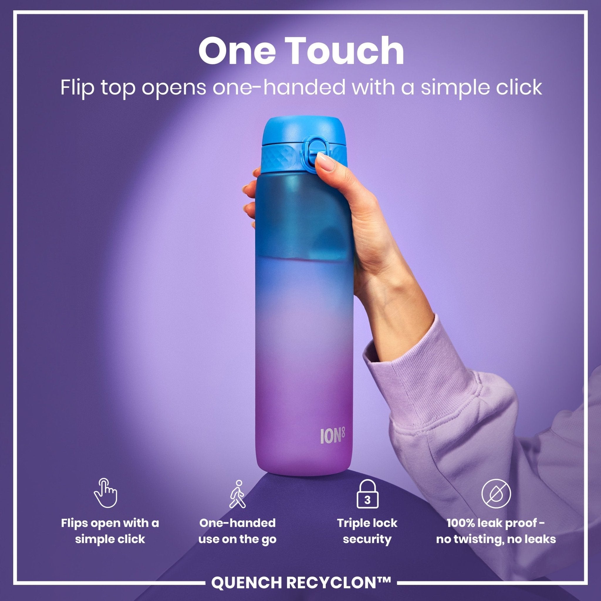 Ion8 Leak Proof 1L Recyclon water bottle with time markers in blue and pink, featuring a convenient spill-proof design.