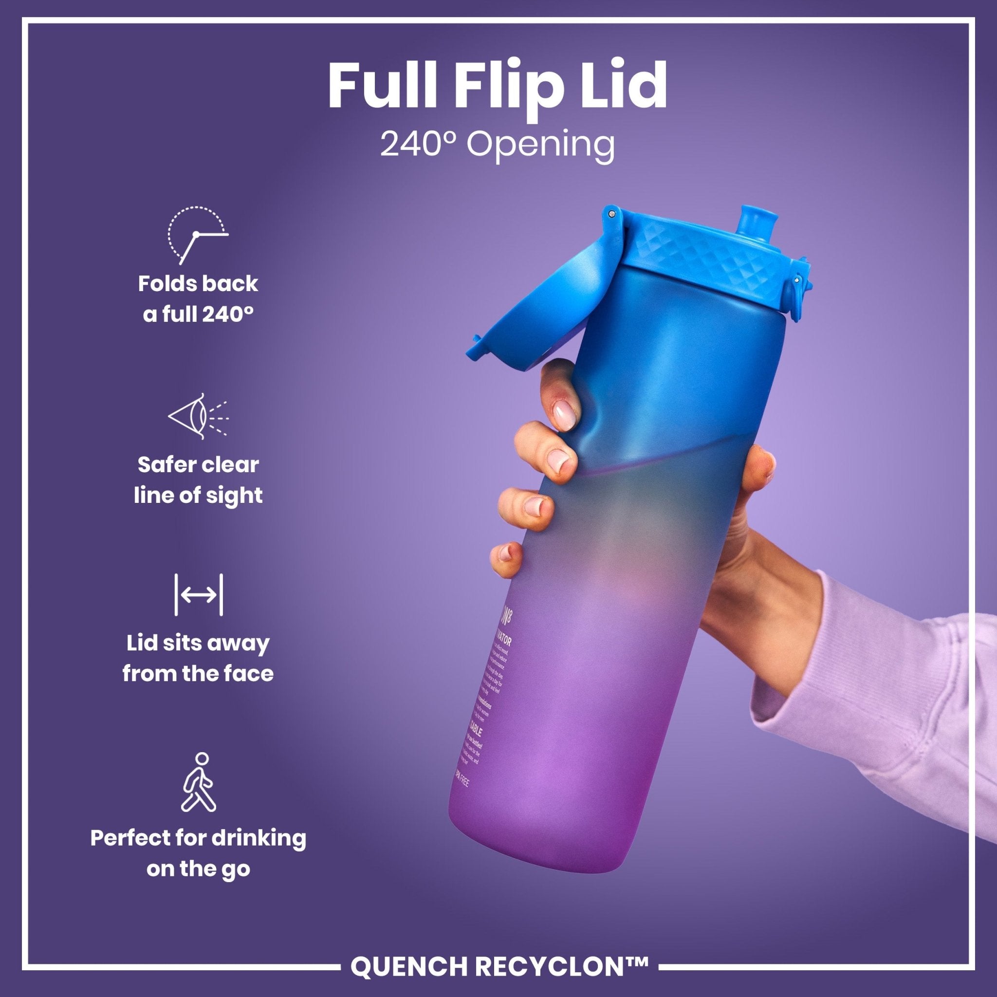 ION8 Recyclon 1L leak-proof water bottle with time markers in blue and pink, designed for hydration on the go.