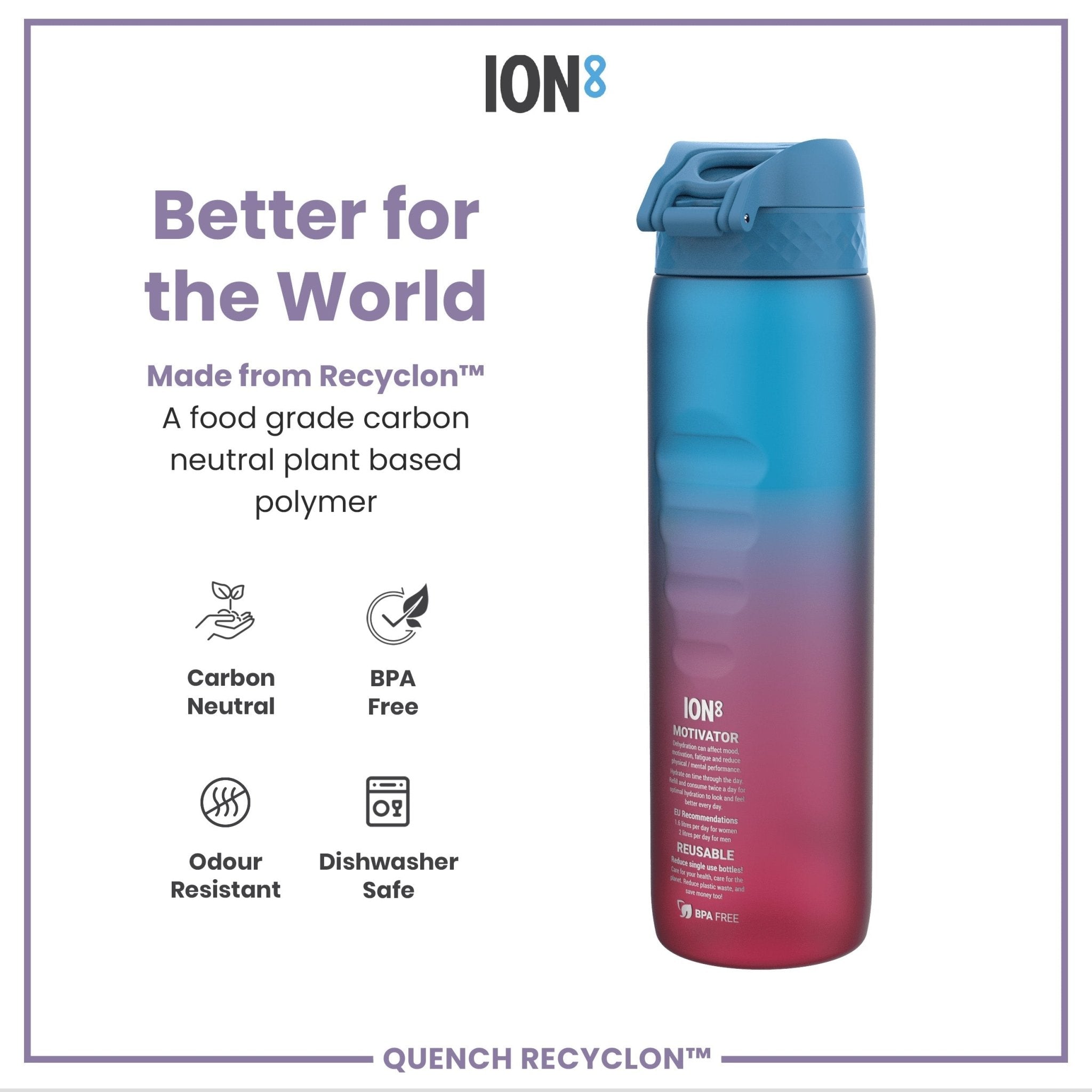 Ion8 Recyclon 1L leak-proof water bottle with time markers in blue and pink, designed for easy hydration tracking.