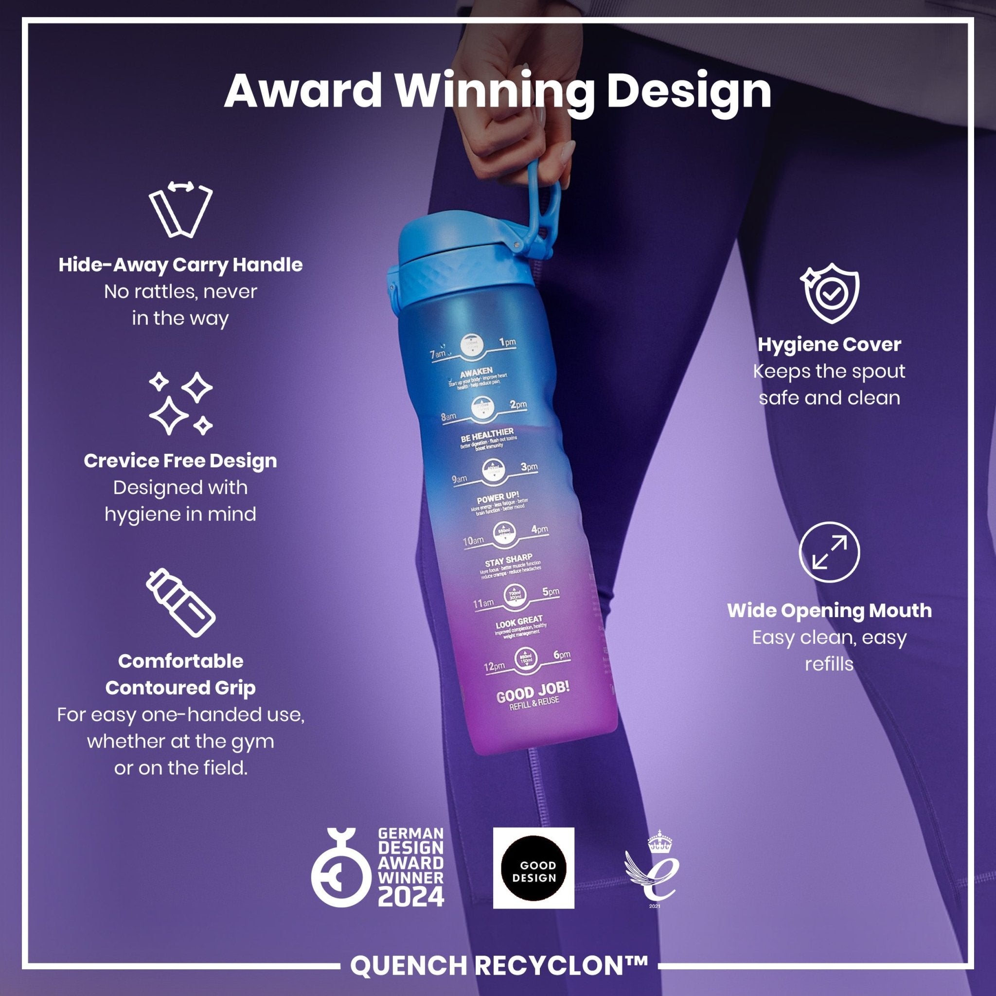 ION8 Recyclon 1L leak-proof water bottle with time markers in blue and pink, designed for easy hydration.