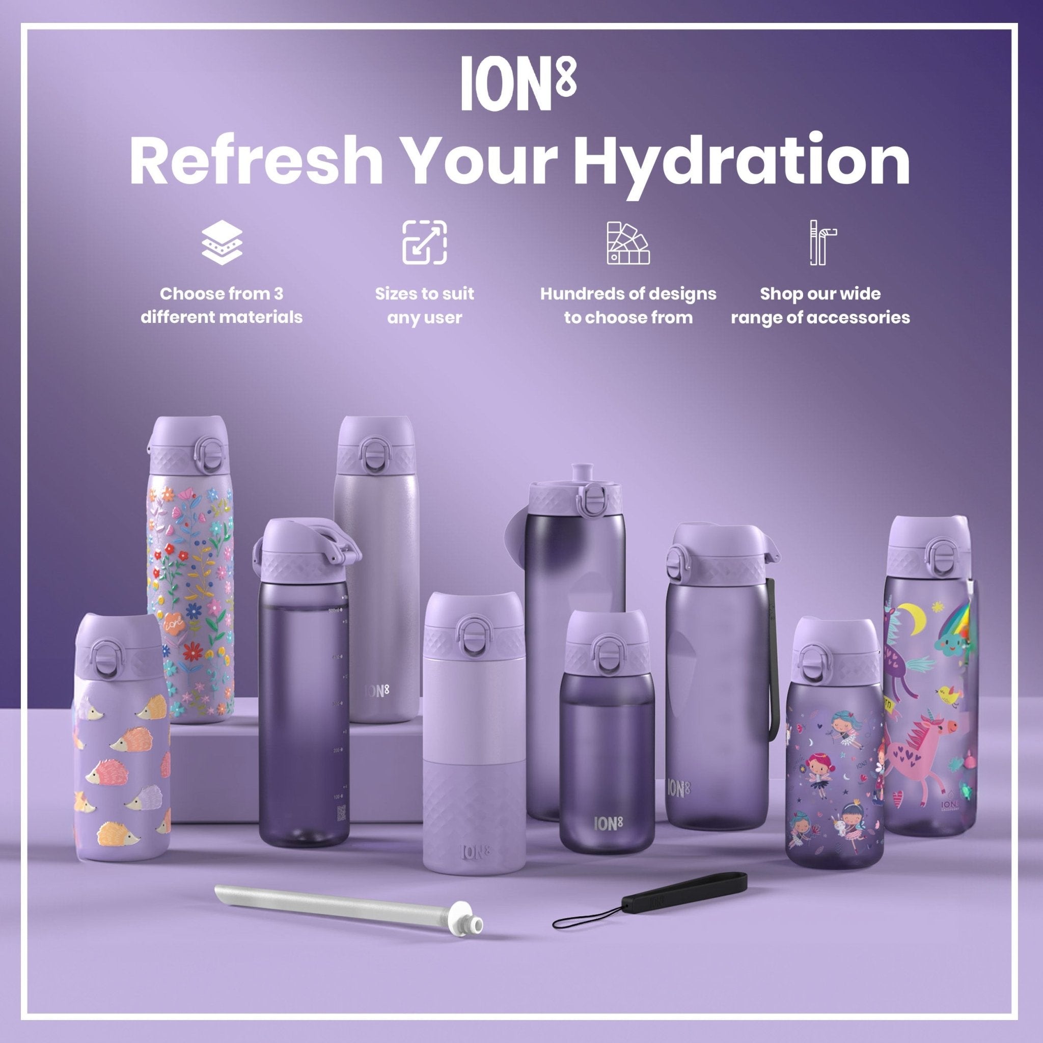 ION8 Recyclon 1L leak-proof water bottle with time markers in blue and pink, designed for easy hydration and recycling.