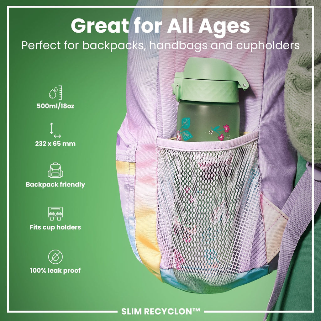 Ion8 Leak Proof Slim Water Bottle with wild butterfly design, 500ml Recyclon water bottle, showcasing the sleek, portable design.