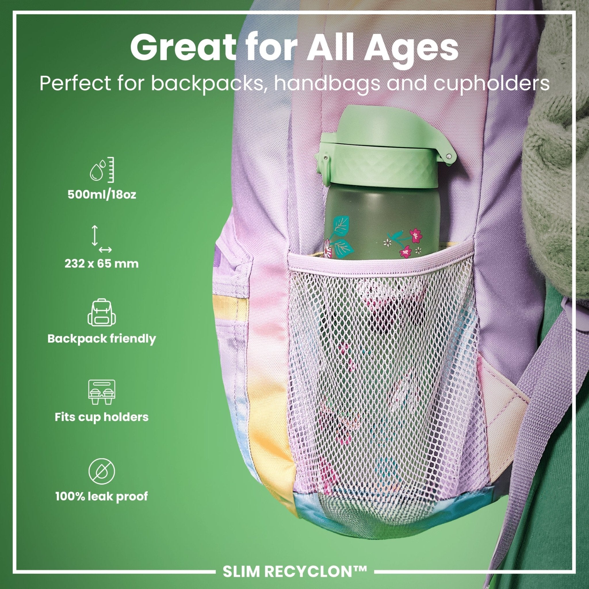 Ion8 Leak Proof Slim Water Bottle with wild butterfly design, 500ml Recyclon water bottle, showcasing the sleek, portable design.