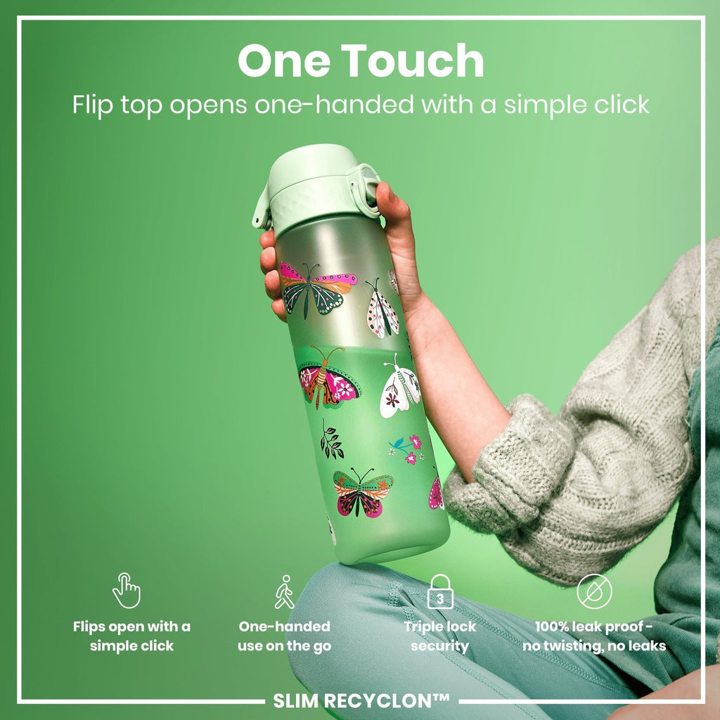 Recyclon leak-proof slim water bottle by ION8 with wild butterfly design, 500ml (18oz) capacity, made of recyclable materials.