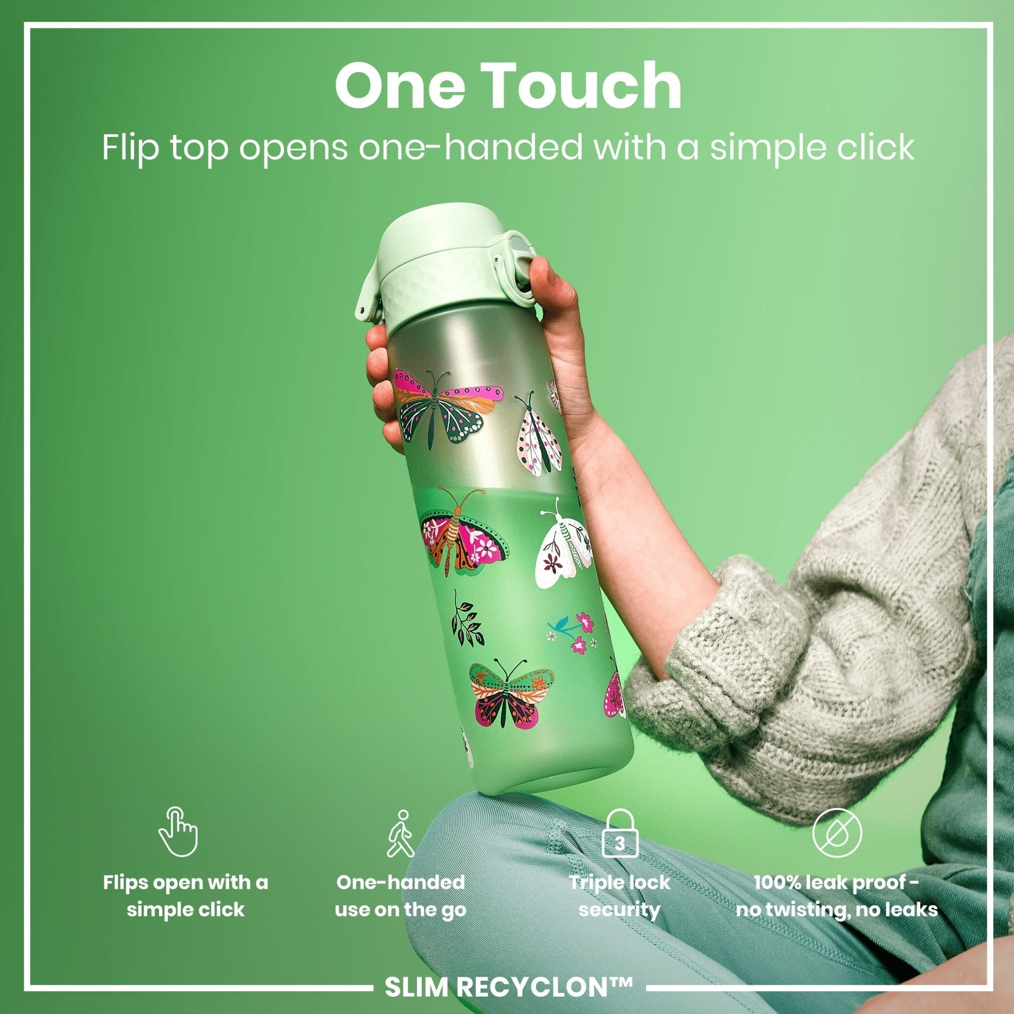 Recyclon leak-proof slim water bottle by ION8 with wild butterfly design, 500ml (18oz) capacity, made of recyclable materials.