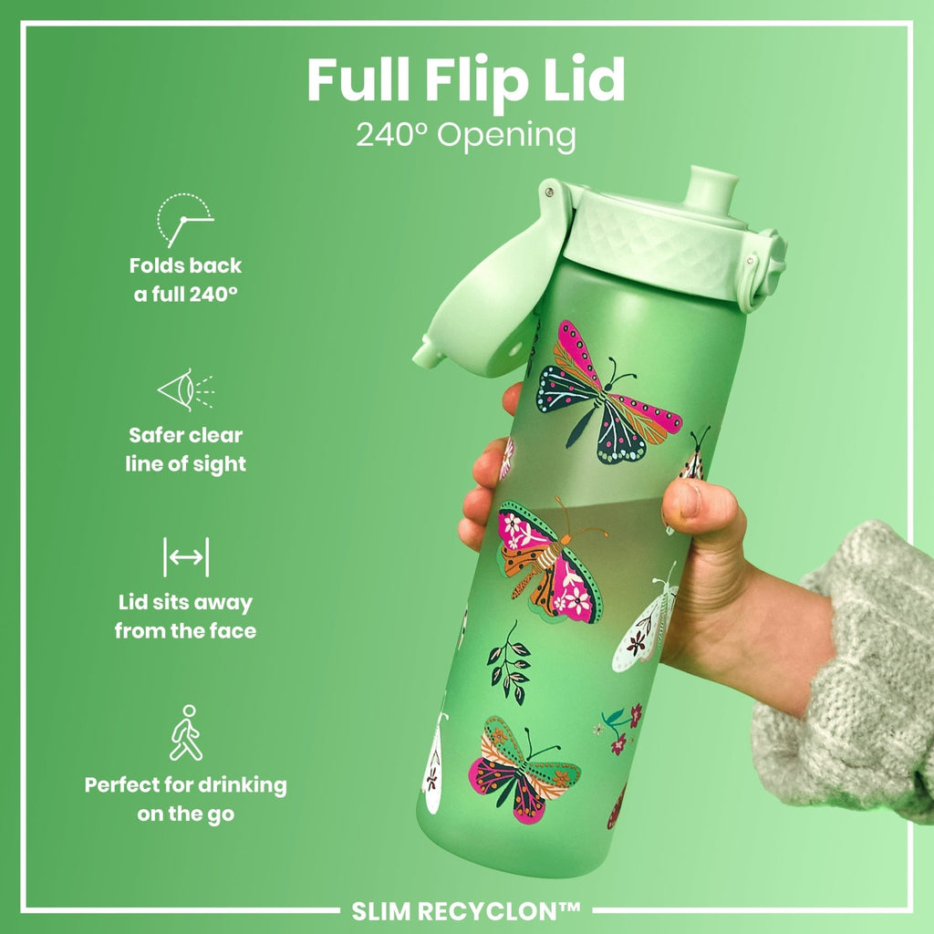 Recyclon Leak Proof Slim Water Bottle by ION8 with wild butterfly design, 500ml capacity, eco-friendly and portable.