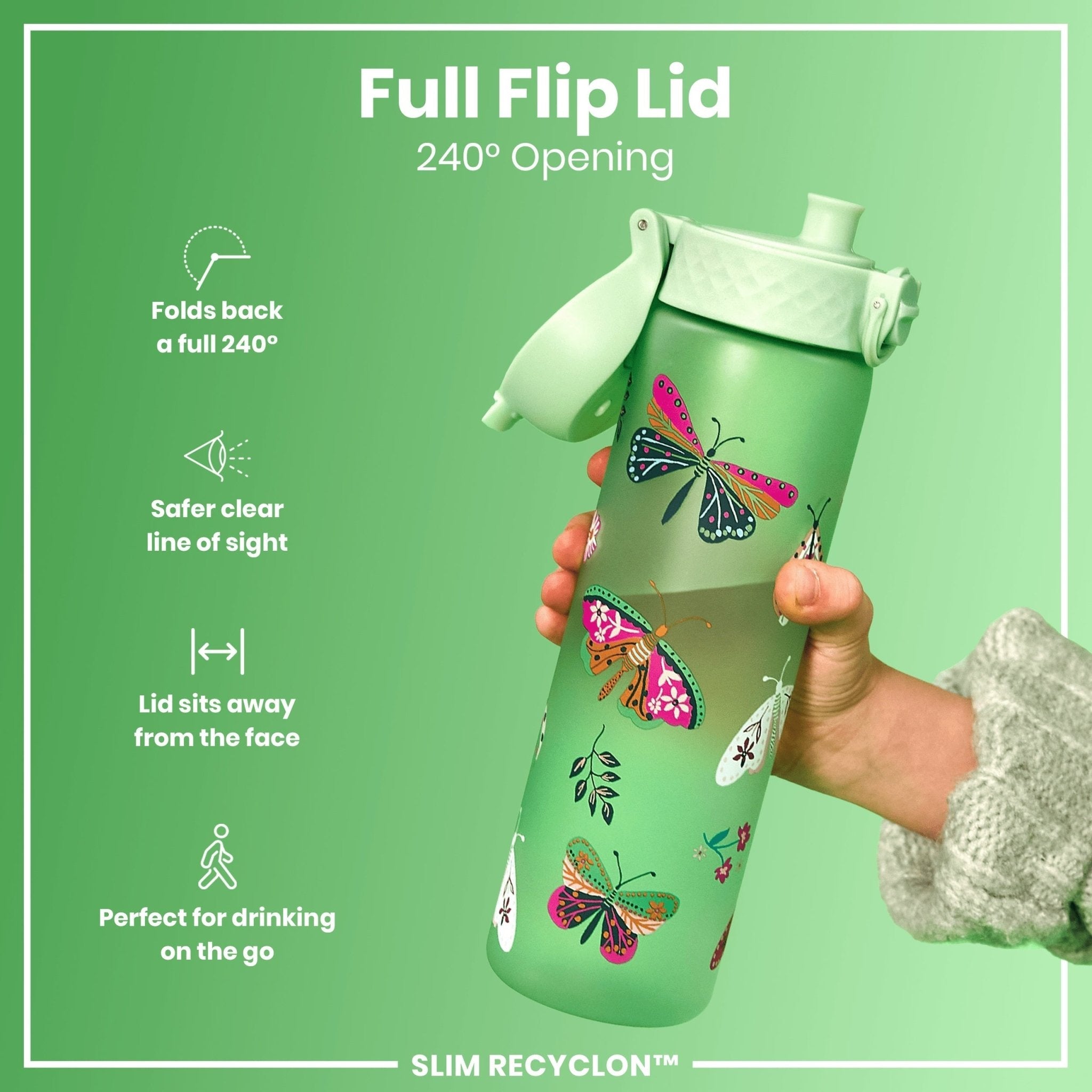 Recyclon Leak Proof Slim Water Bottle by ION8 with wild butterfly design, 500ml capacity, eco-friendly and portable.