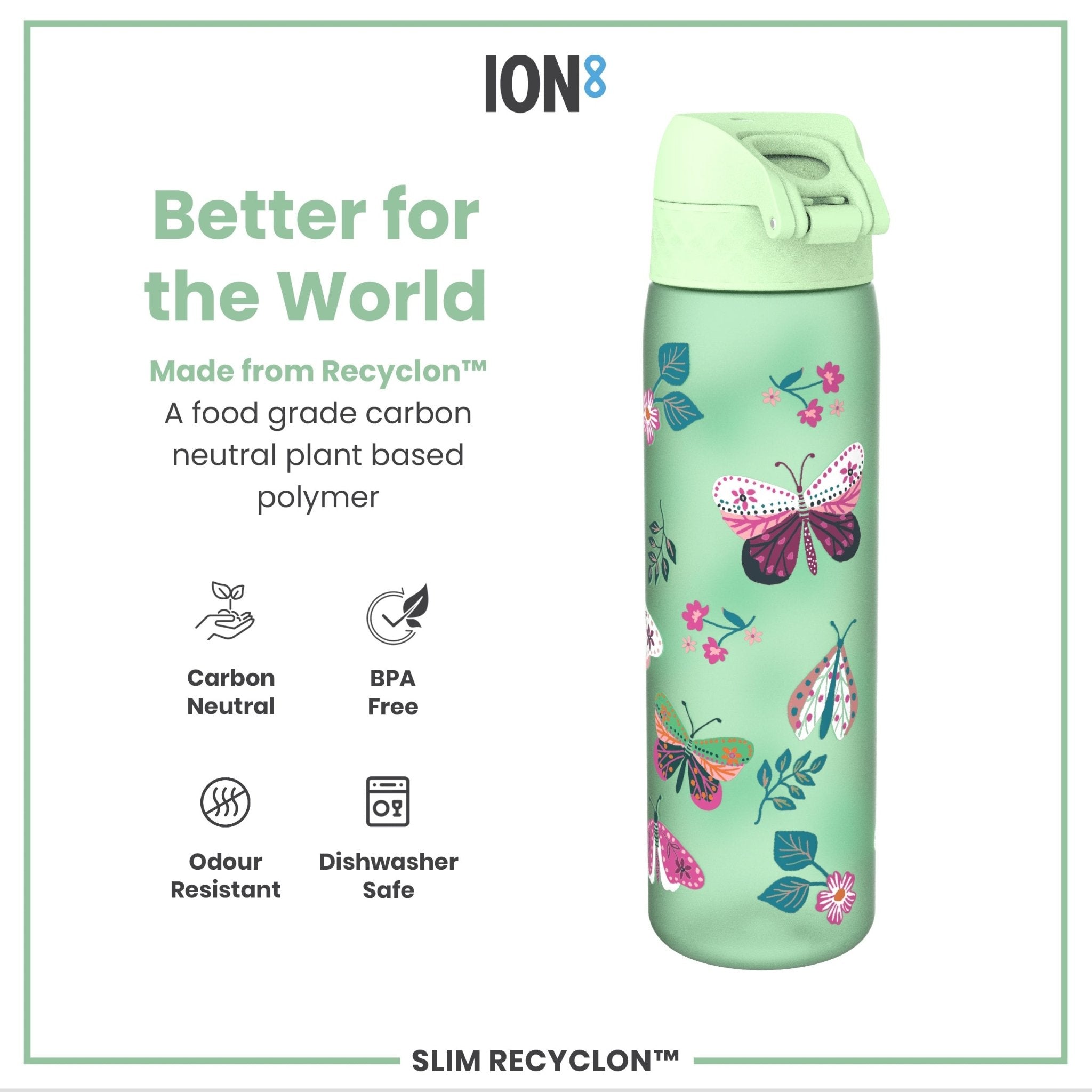 Recyclon Leak Proof Slim Water Bottle by ION8 with a wild butterfly design, 500ml capacity, made of recyclable materials.