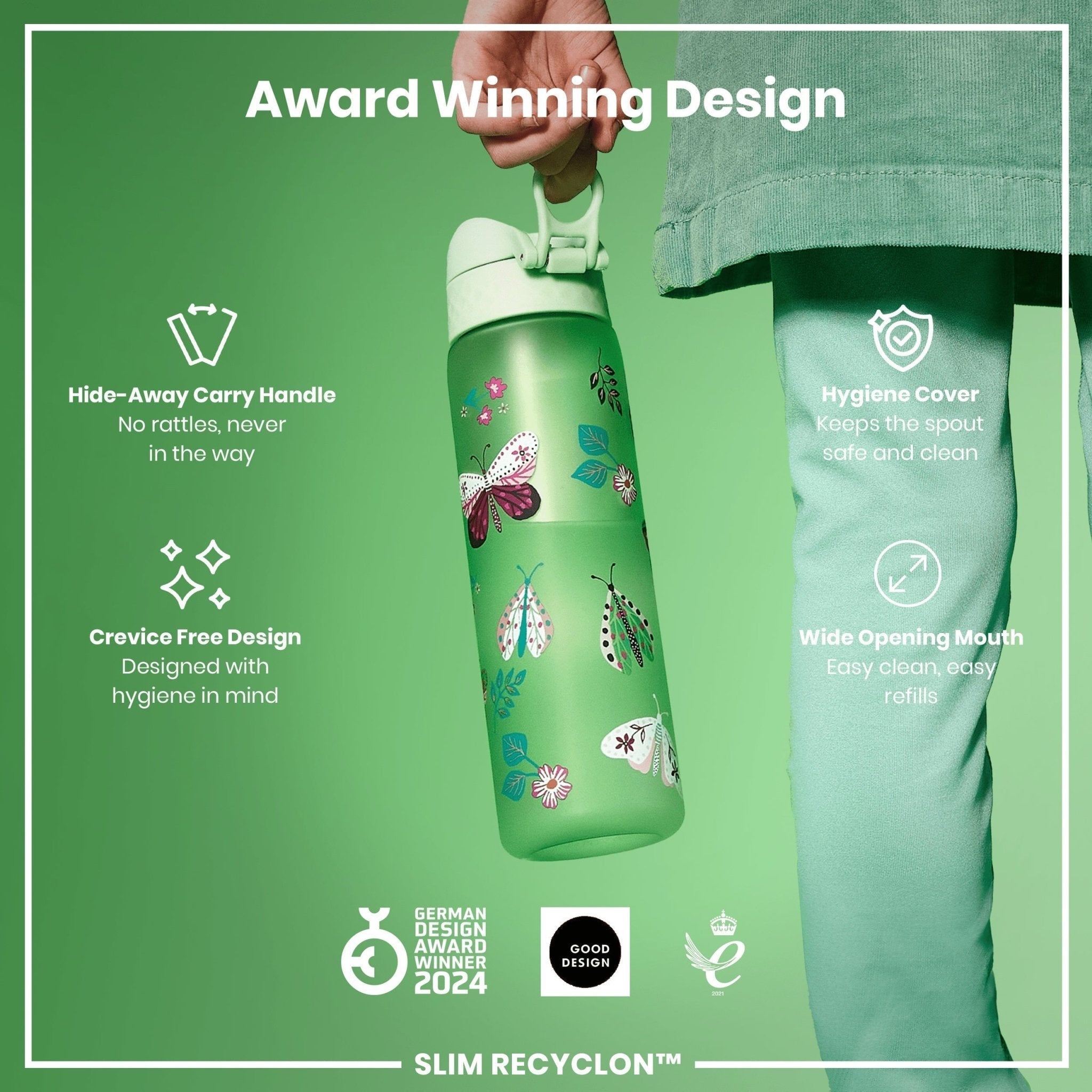 ION8 Recyclon Leak Proof Slim Water Bottle with Wild Butterfly design, 500ml (18oz), featuring a durable, eco-friendly water container.