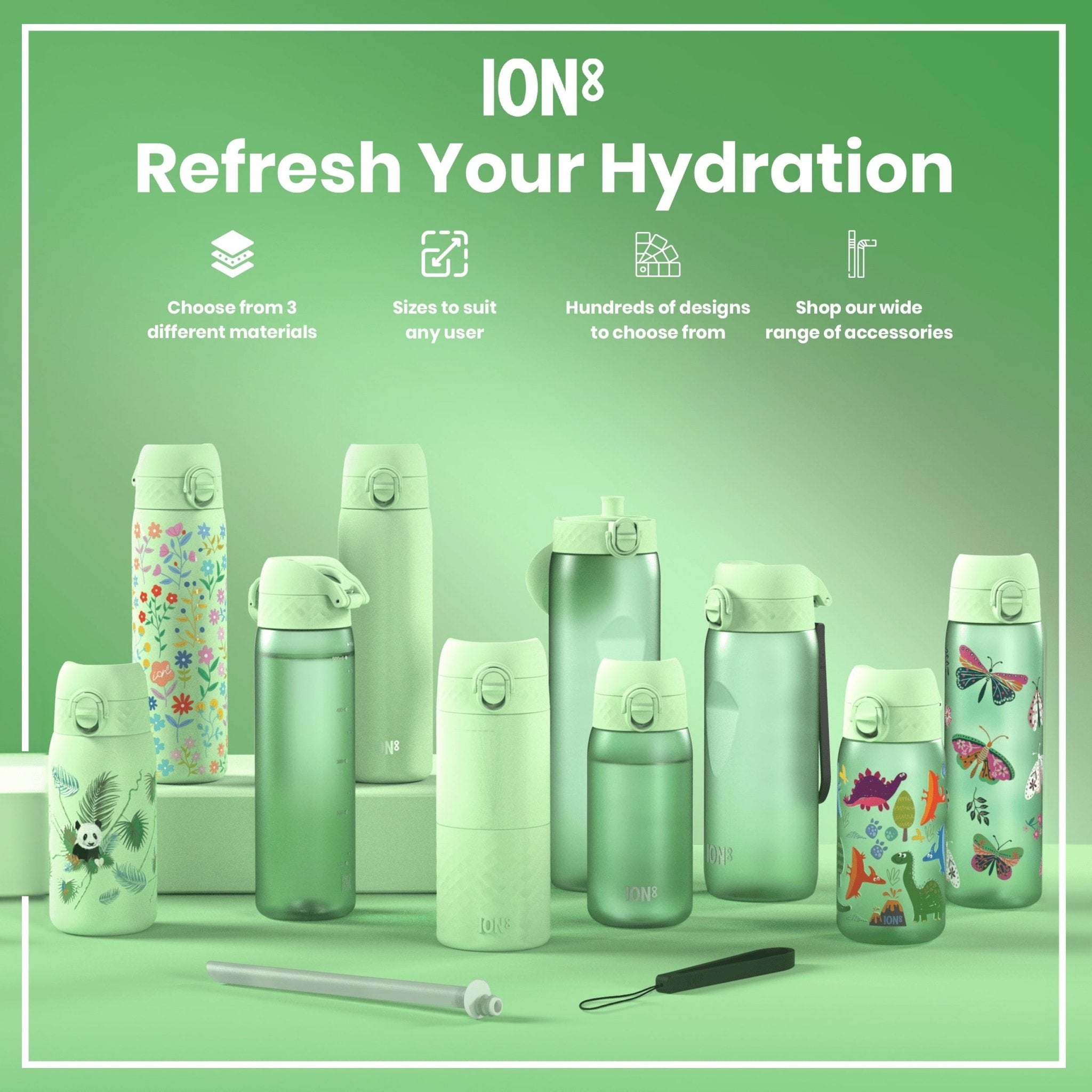 Ion8 Recyclon leak-proof slim water bottle with wild butterfly design, 500ml (18oz), made from recyclable materials.
