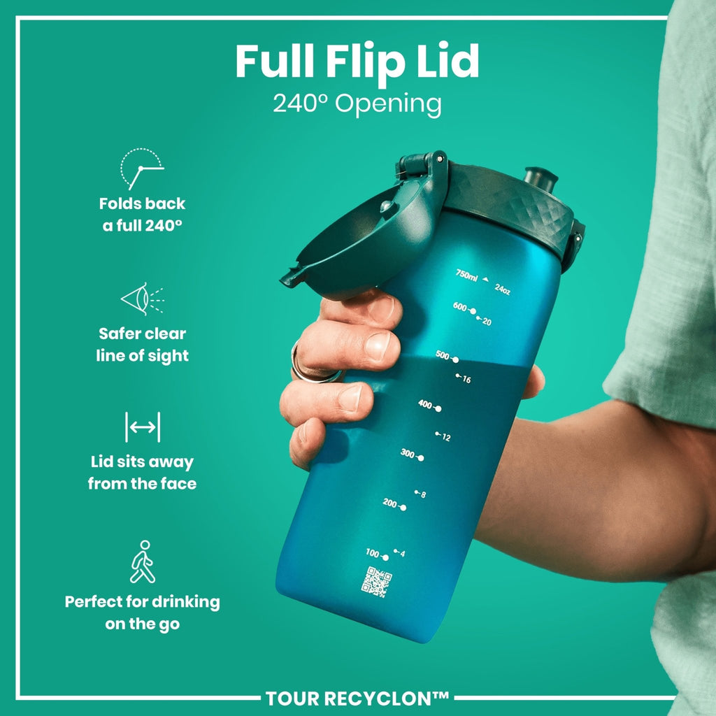 ION8 Recyclon Aqua 750ml water bottle with clear plastic body and blue lid, designed for reusable hydration.