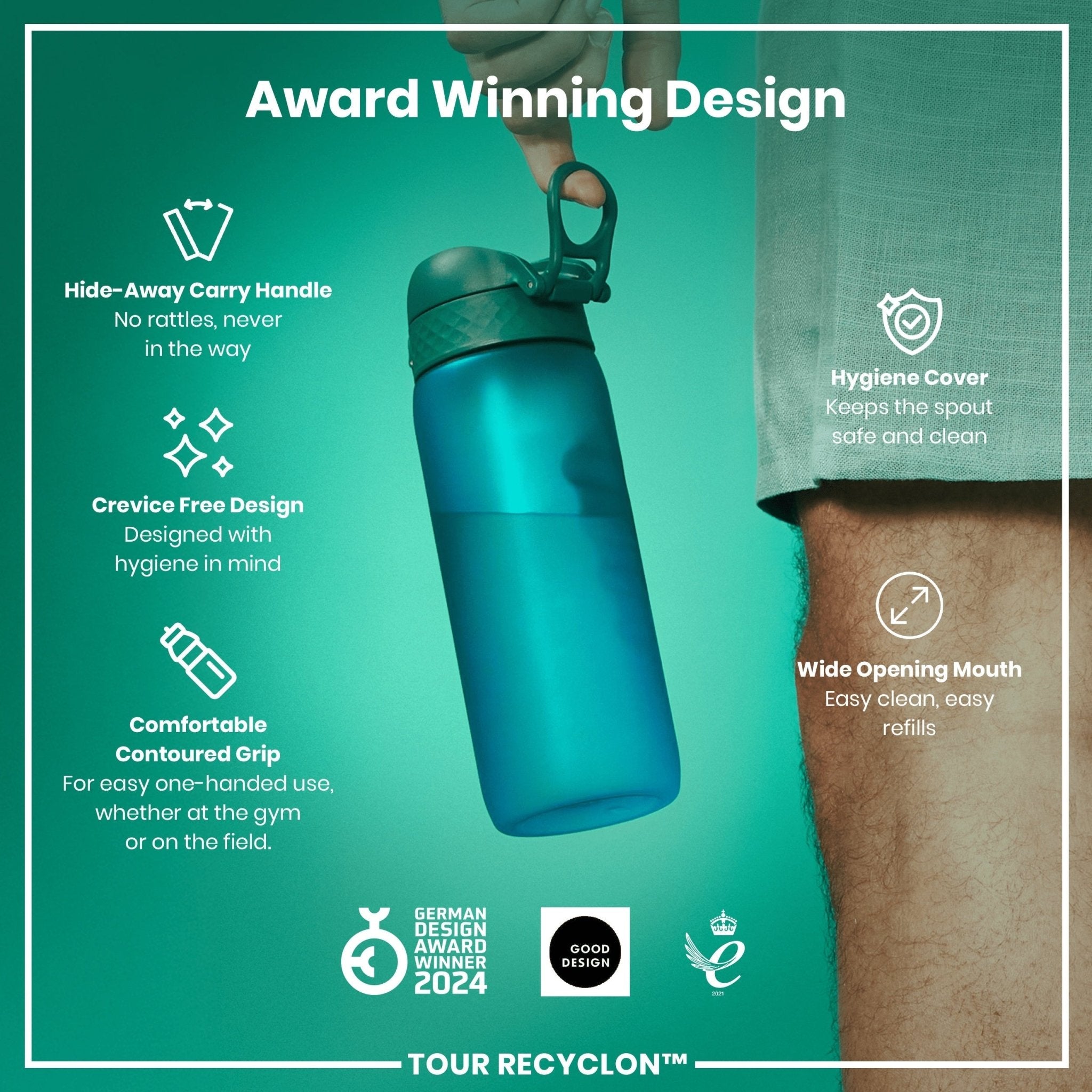 ION8 Recyclon Aqua 750ml water bottle with clear plastic body and screw cap, designed for outdoor and daily hydration.