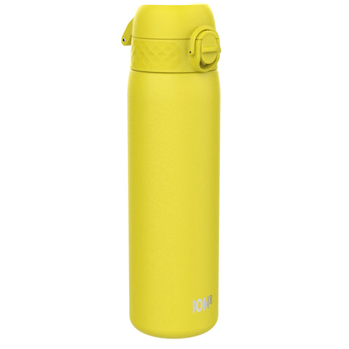Yellow ION8 leak-proof slim thermal insulated steel water bottle, 500ml capacity, with a sleek design and secure lid.