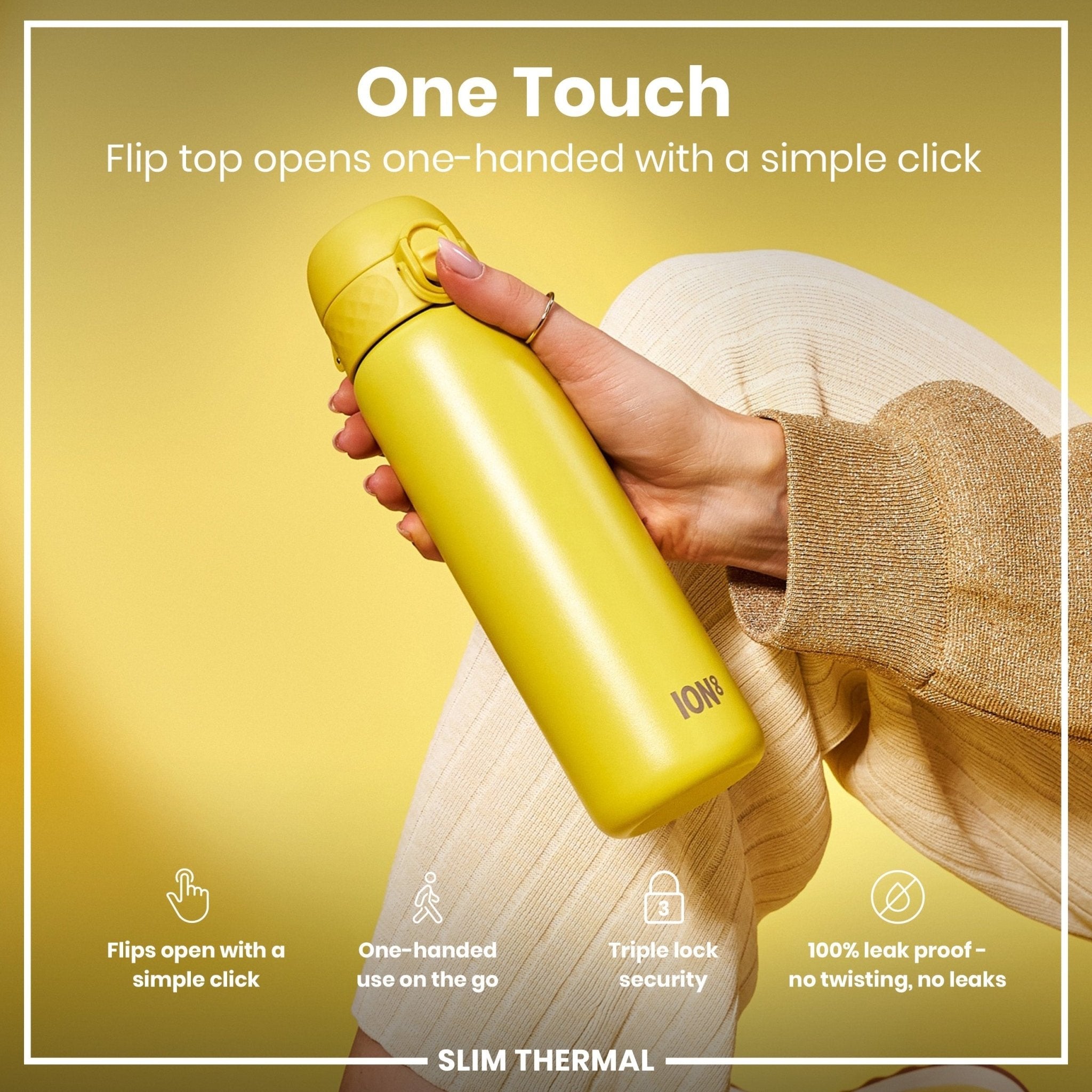 Yellow ION8 insulated steel water bottle, leak-proof slim design, 500ml (17oz), with thermal insulation for hot and cold drinks