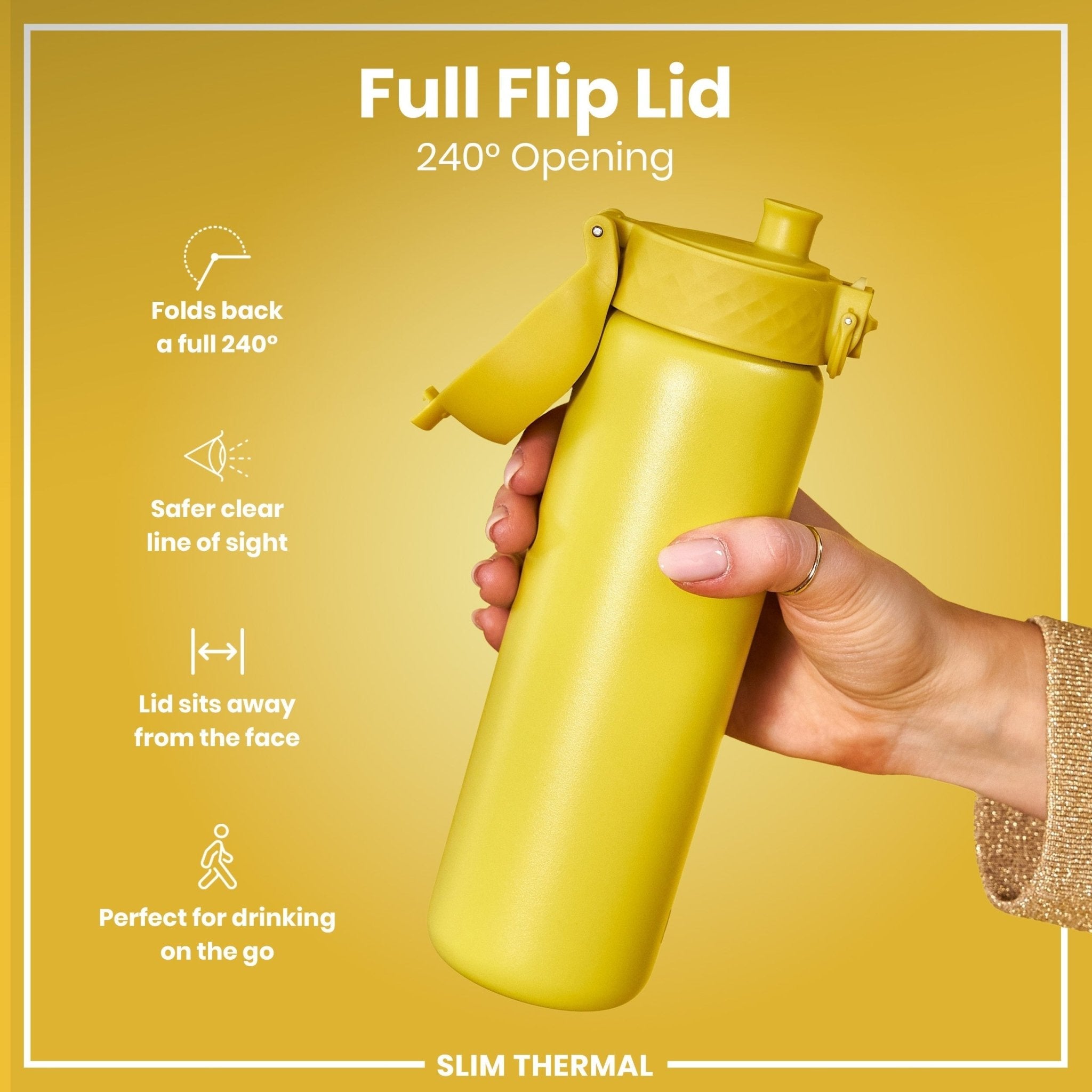 Yellow ION8 leak-proof slim thermal steel water bottle, insulated 500ml (17oz) for hot and cold beverages, shown with a close-up view.