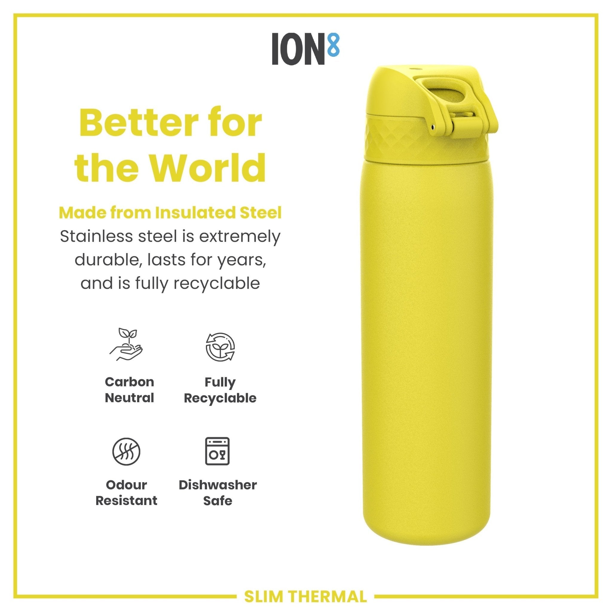Yellow ION8 leak-proof slim thermal steel water bottle, 500ml insulated water bottle with secure lid, on white background.