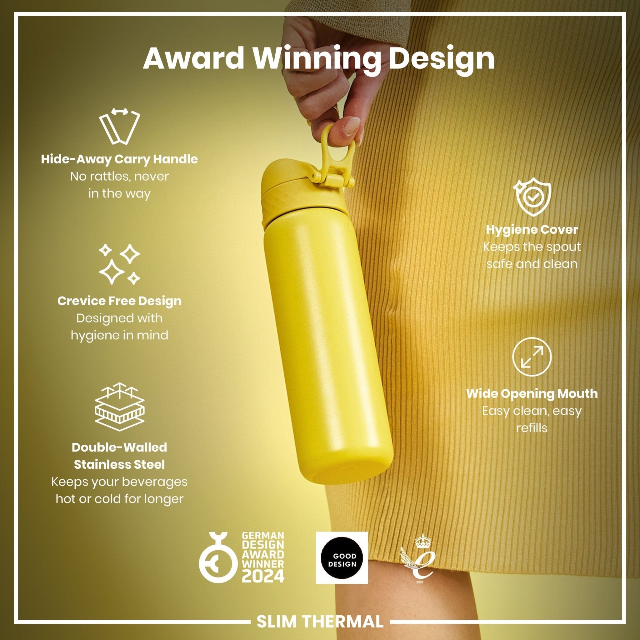 Yellow ION8 insulated steel water bottle, 500ml leak-proof slim thermal design with a screw-top lid, on a white background.